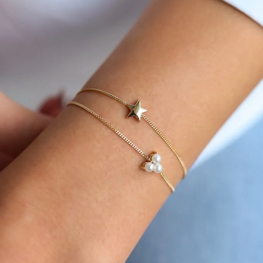 14k Gold Pearl Star Double Bracelet