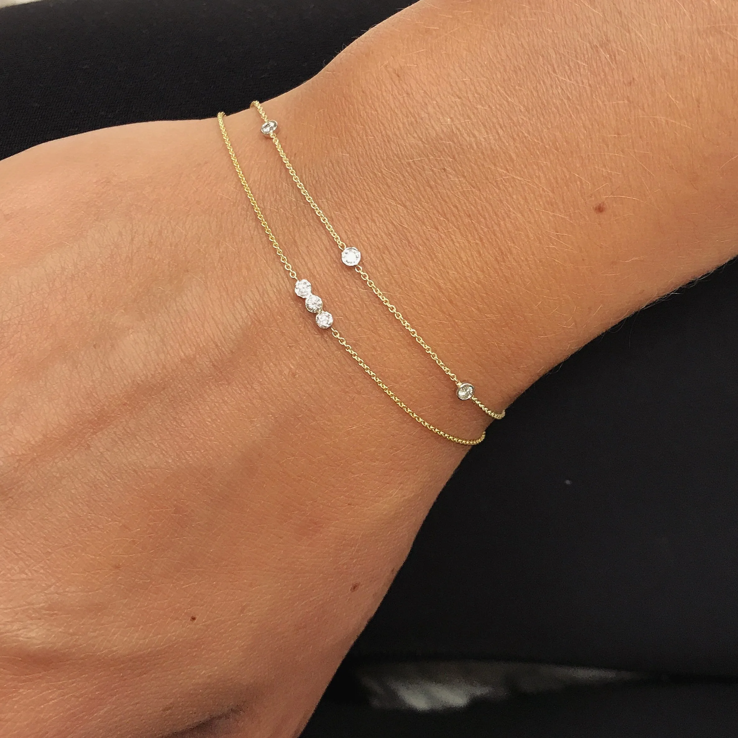 14K Gold Three Stone Diamond Bezel Bracelet