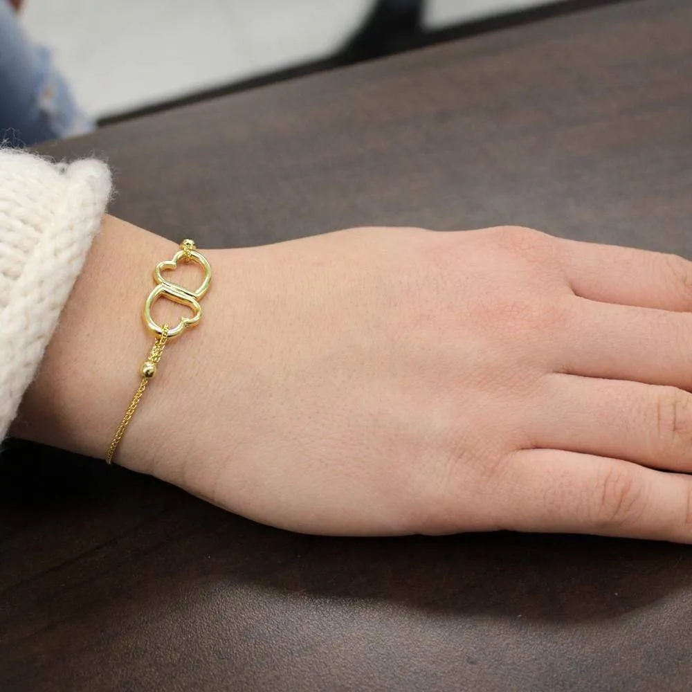 14K Yellow Gold Double Open Heart Adjustable Pull Bolo Bracelet