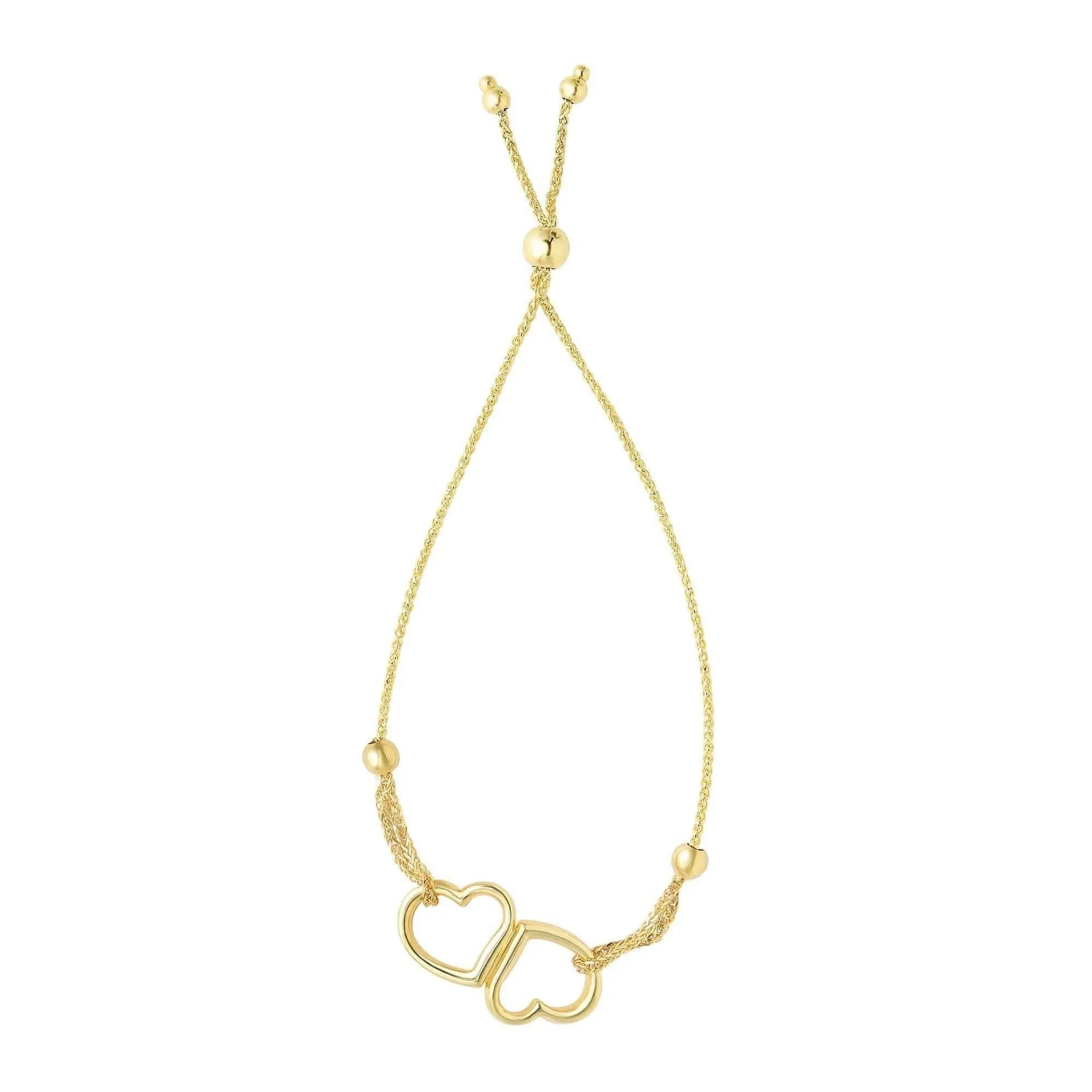 14K Yellow Gold Double Open Heart Adjustable Pull Bolo Bracelet