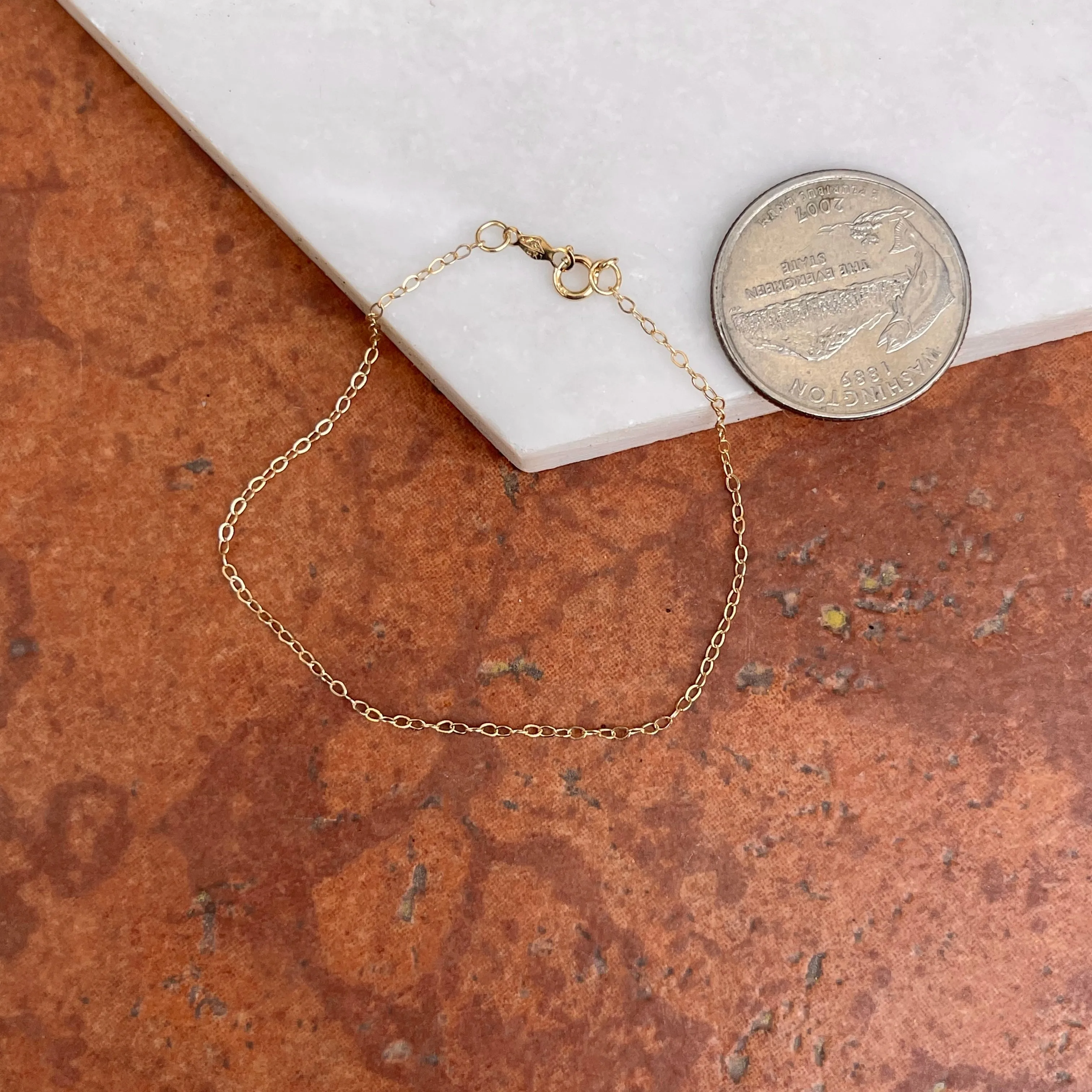 14KT Yellow Gold Flat 1.3mm Cable Link Chain Bracelet