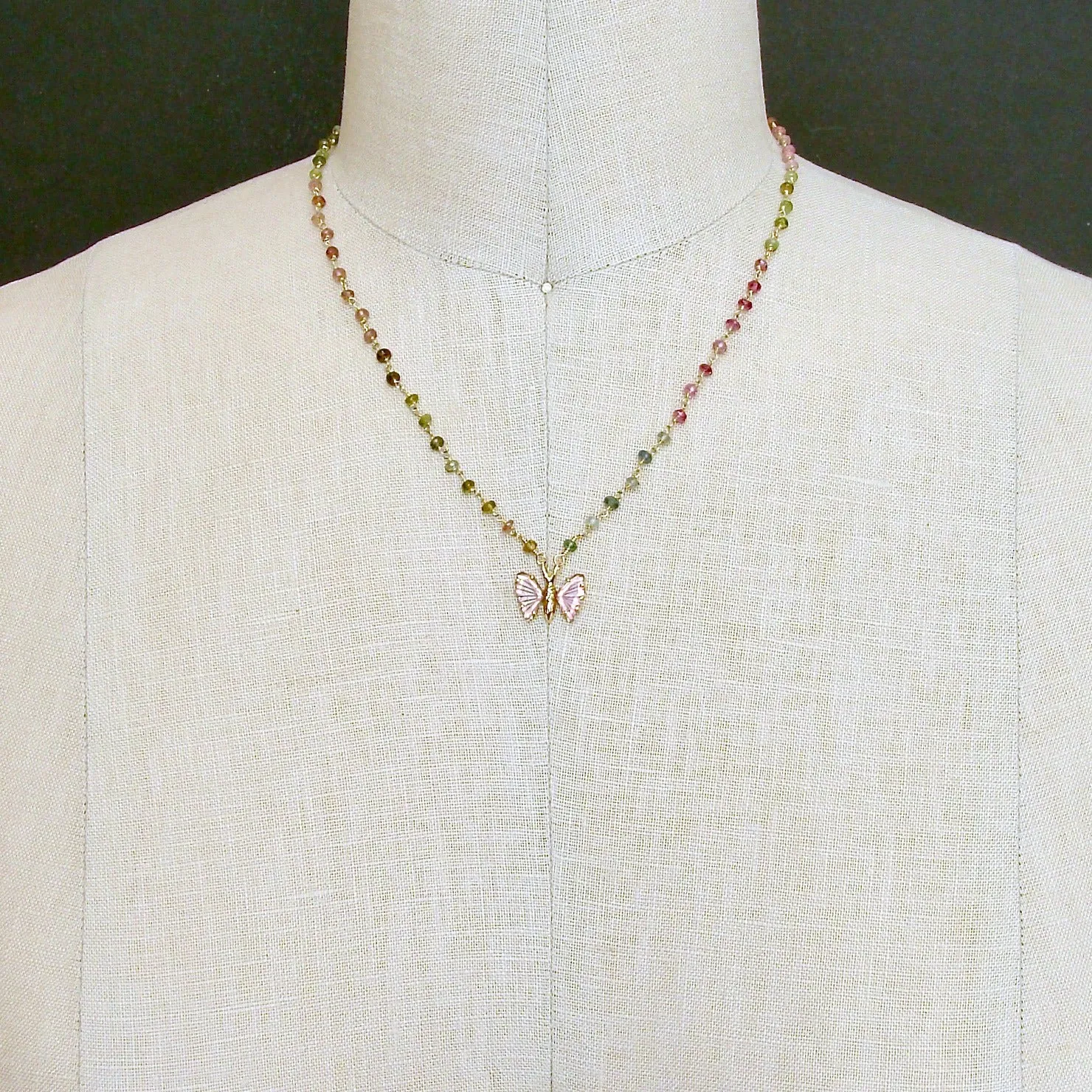 18K Gold Pink Watermelon Tourmaline Butterfly Necklace - Le Papillon VIII Necklace