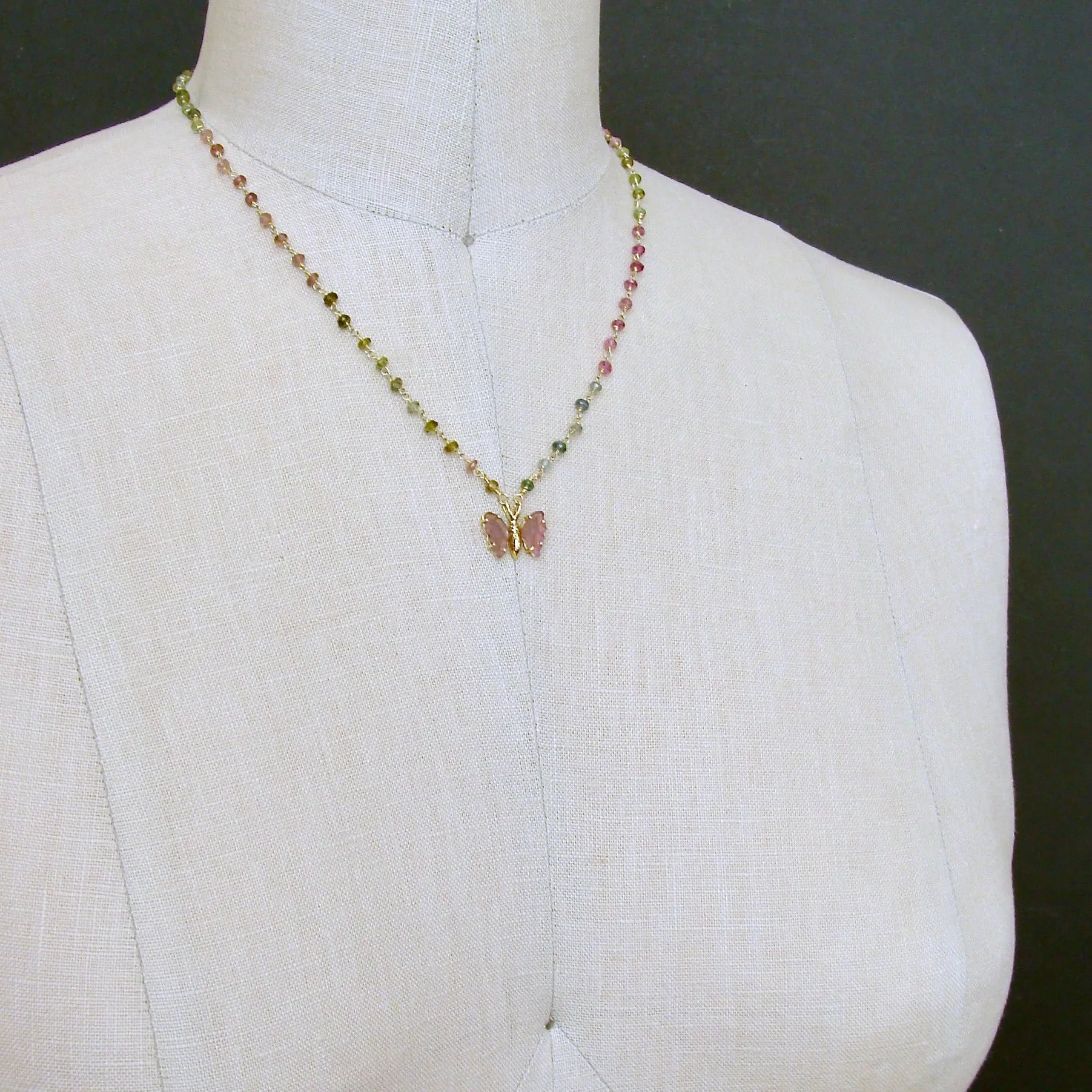 18K Gold Pink Watermelon Tourmaline Butterfly Necklace - Le Papillon VIII Necklace