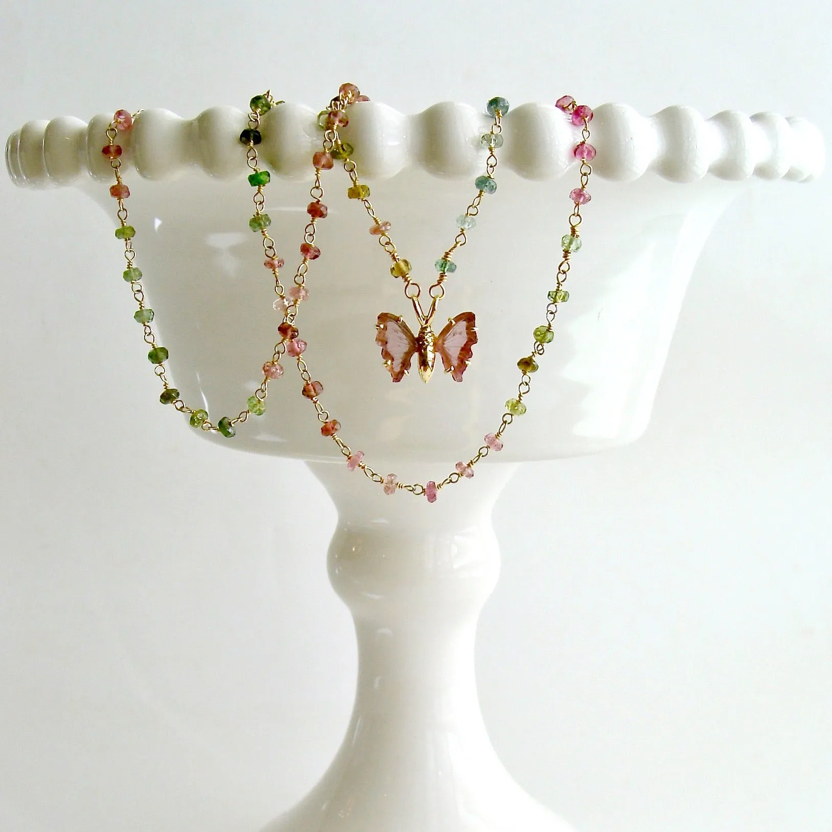 18K Gold Pink Watermelon Tourmaline Butterfly Necklace - Le Papillon VIII Necklace