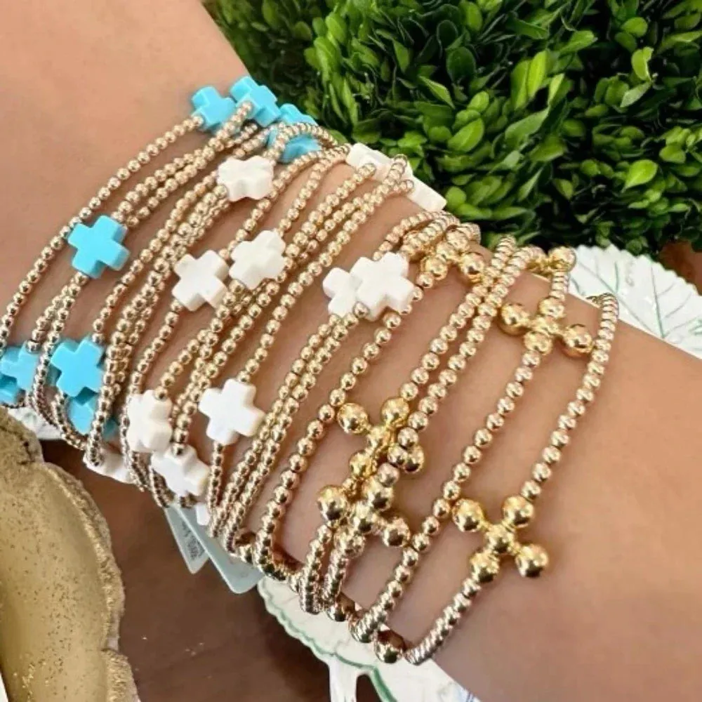 18K Gold Plated Cross Charm Bracelet | 3mm Bead Stackable Boho Bracelet | Women's Jewelry