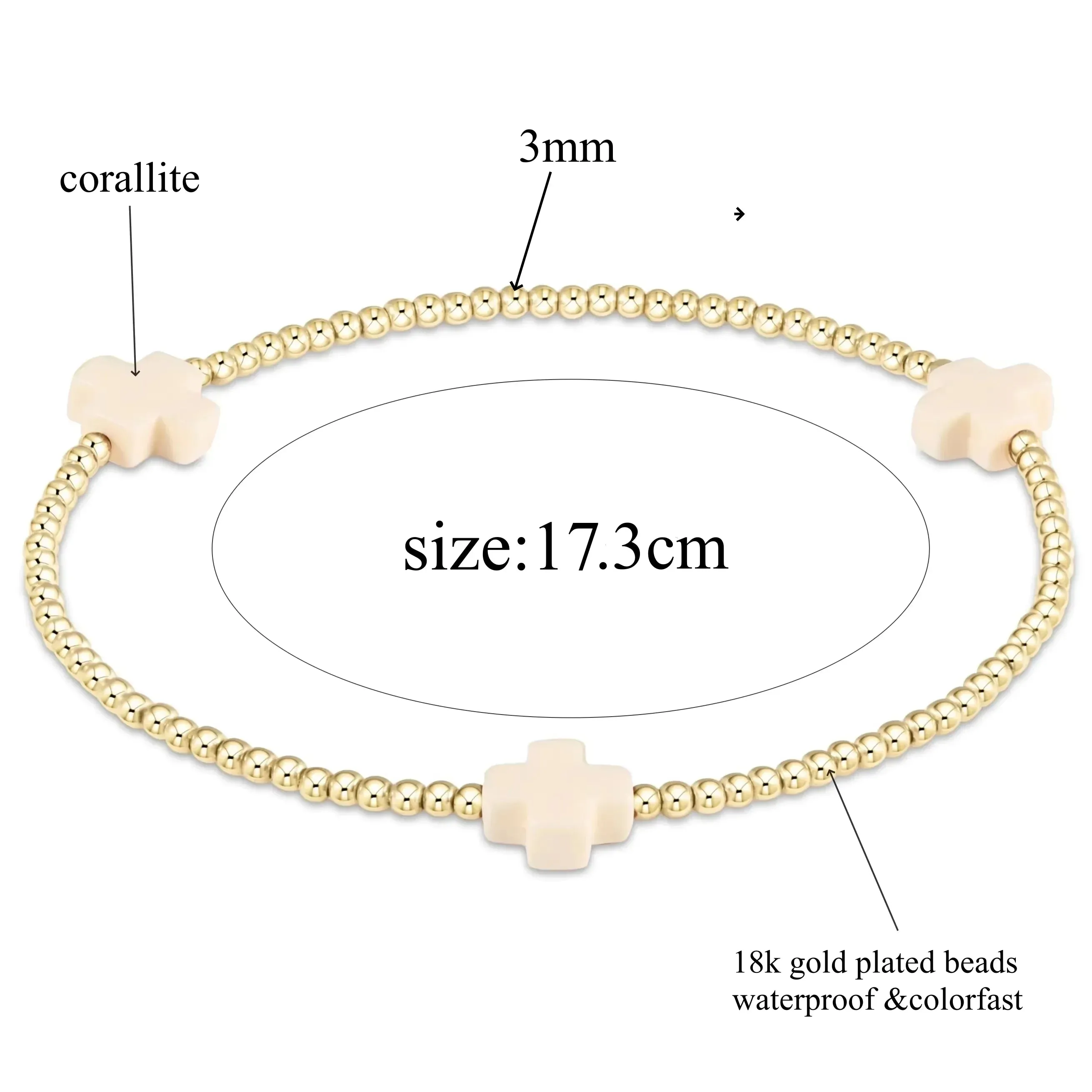 18K Gold Plated Cross Charm Bracelet | 3mm Bead Stackable Boho Bracelet | Women's Jewelry