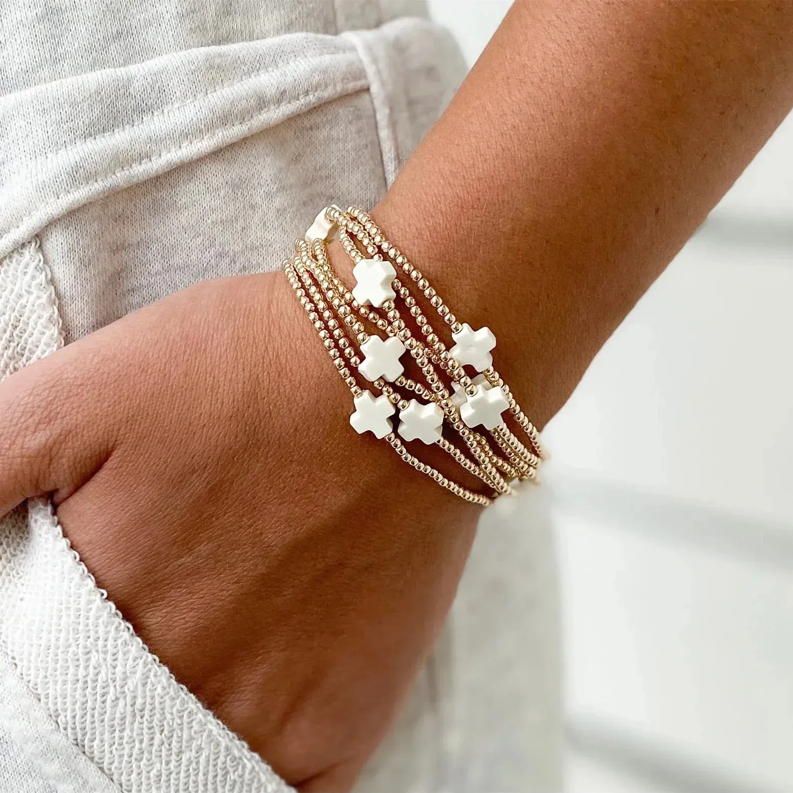 18K Gold Plated Cross Charm Bracelet | 3mm Bead Stackable Boho Bracelet | Women's Jewelry