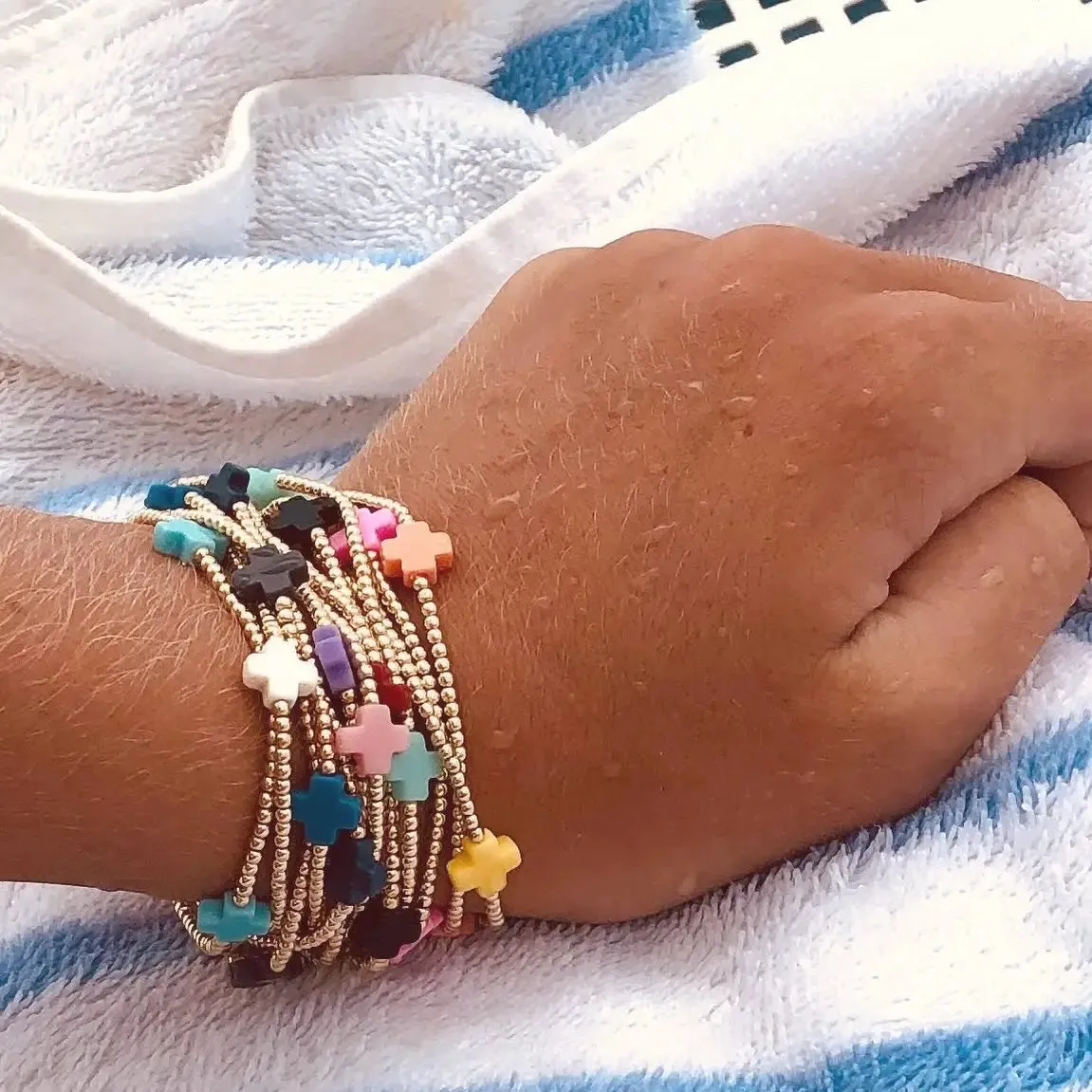 18K Gold Plated Cross Charm Bracelet | 3mm Bead Stackable Boho Bracelet | Women's Jewelry