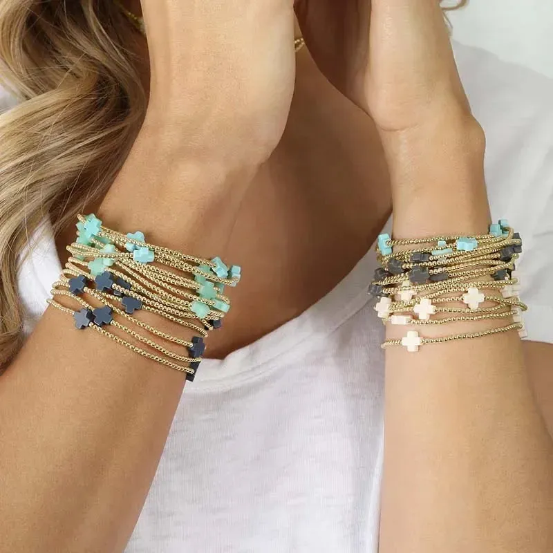 18K Gold Plated Cross Charm Bracelet | 3mm Bead Stackable Boho Bracelet | Women's Jewelry
