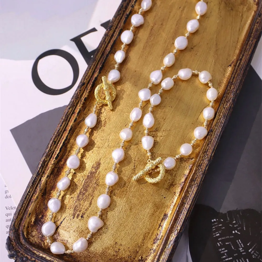 18K Solid Gold Natural Baroque Pearl Bracelet Bead Chain OT Clasp Elegant Jewelry