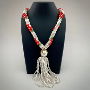 1960s Woven Pearl Bead Necklace With Tassel