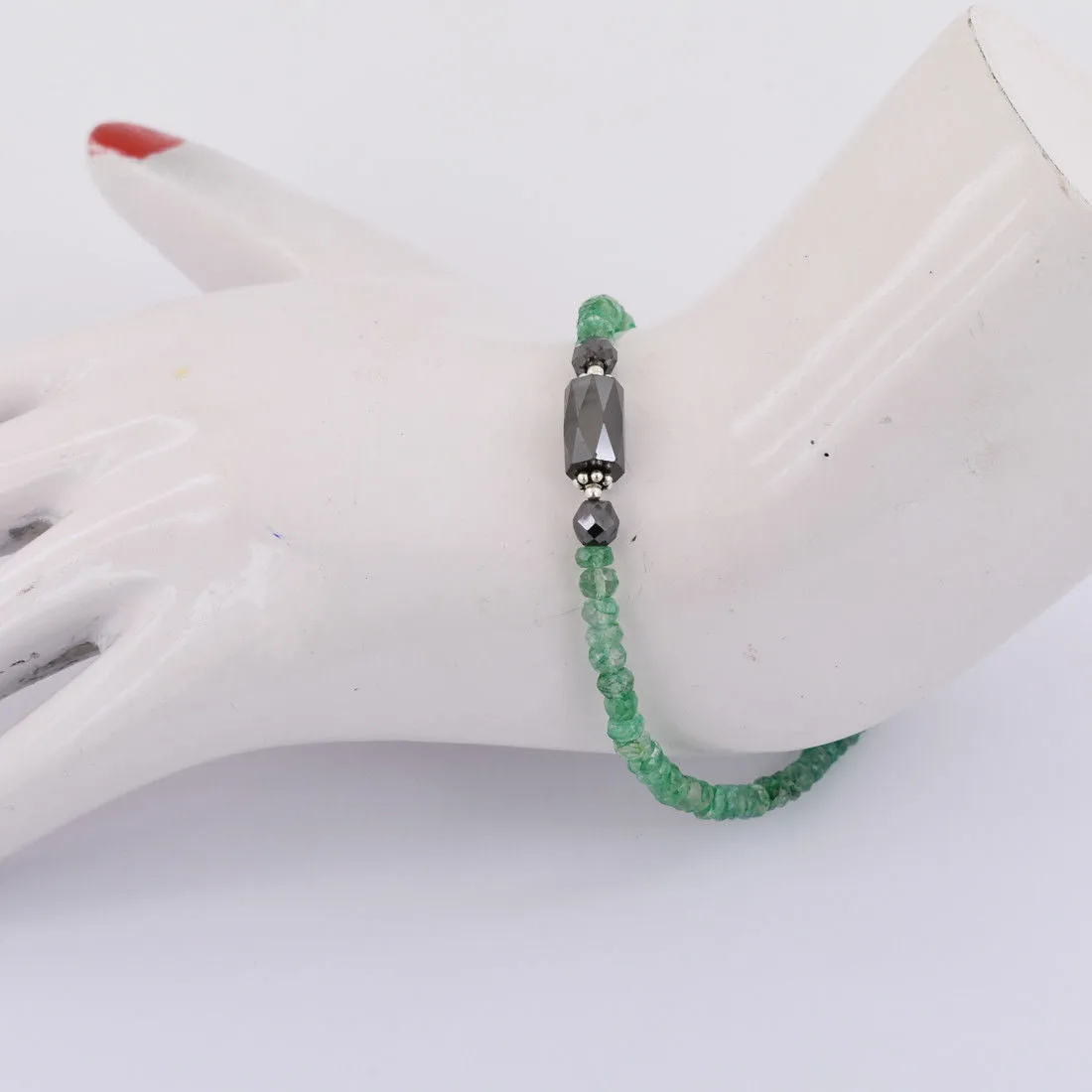 25 Ct Black Diamond & Emerald Gemstone Beads Sterling Silver Bracelet. AAA Certified! Great Design & Style