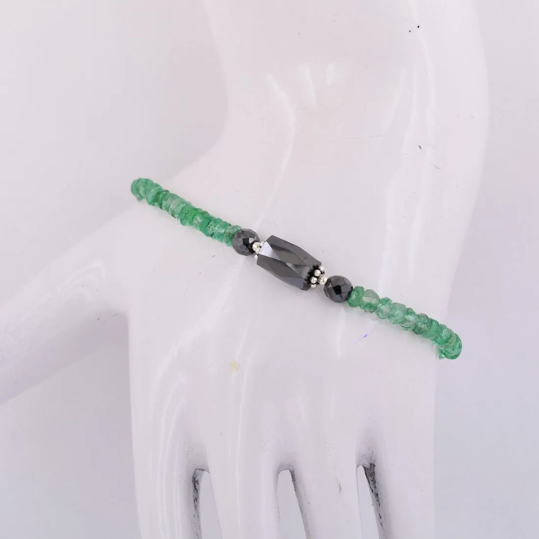 25 Ct Black Diamond & Emerald Gemstone Beads Sterling Silver Bracelet. AAA Certified! Great Design & Style