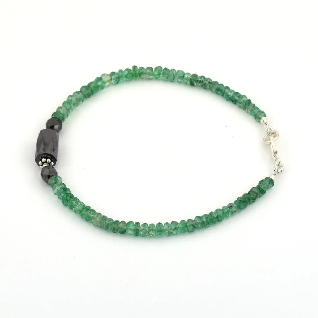 25 Ct Black Diamond & Emerald Gemstone Beads Sterling Silver Bracelet. AAA Certified! Great Design & Style