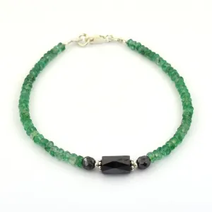 25 Ct Black Diamond & Emerald Gemstone Beads Sterling Silver Bracelet. AAA Certified! Great Design & Style
