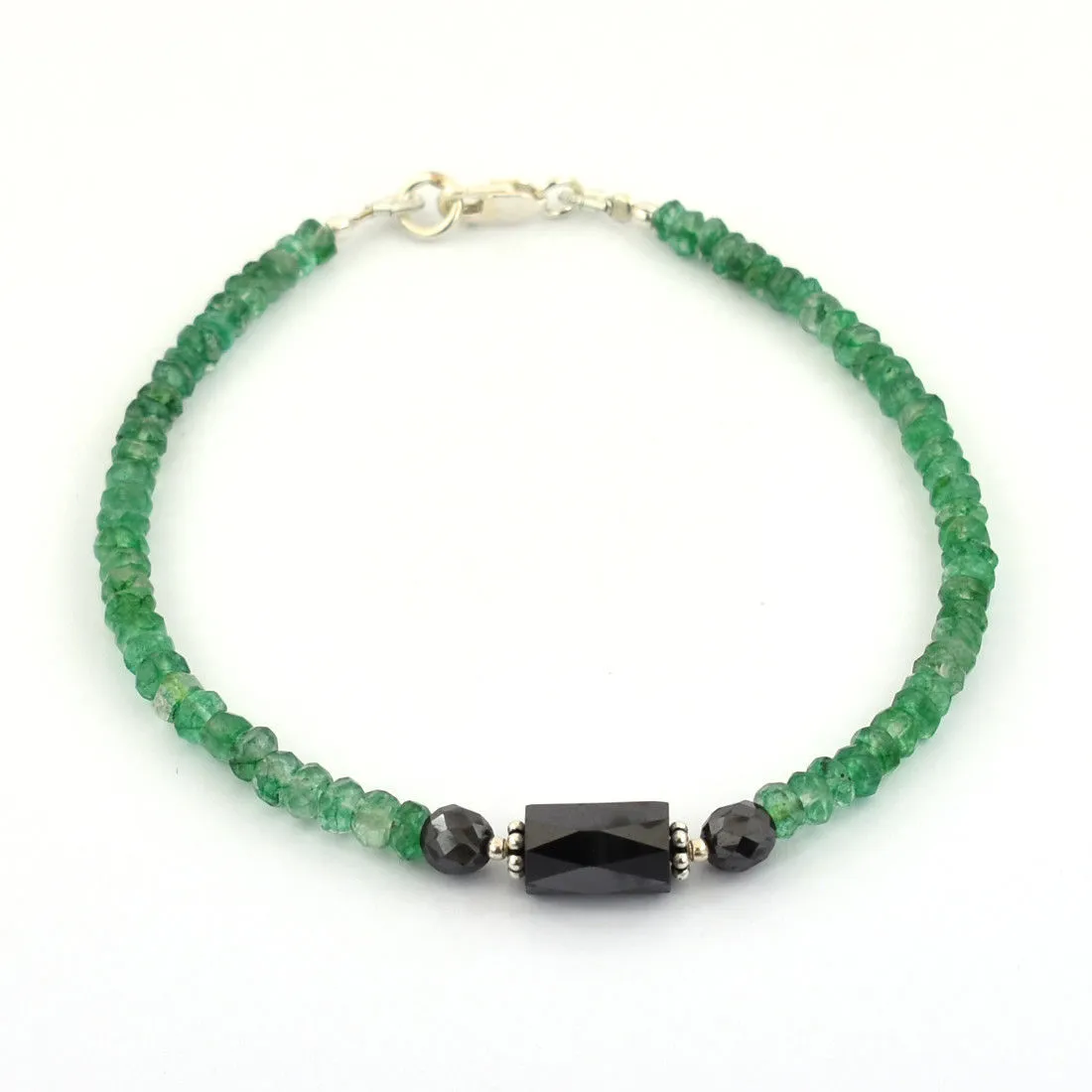 25 Ct Black Diamond & Emerald Gemstone Beads Sterling Silver Bracelet. AAA Certified! Great Design & Style