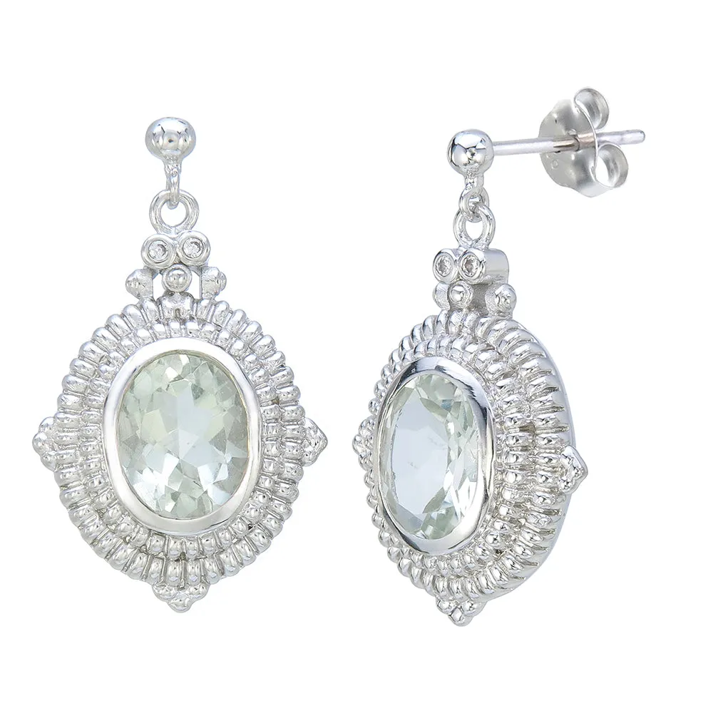 3.30 cttw Green Amethyst Dangle Earrings Brass With Rhodium Plating 10x8 MM Oval