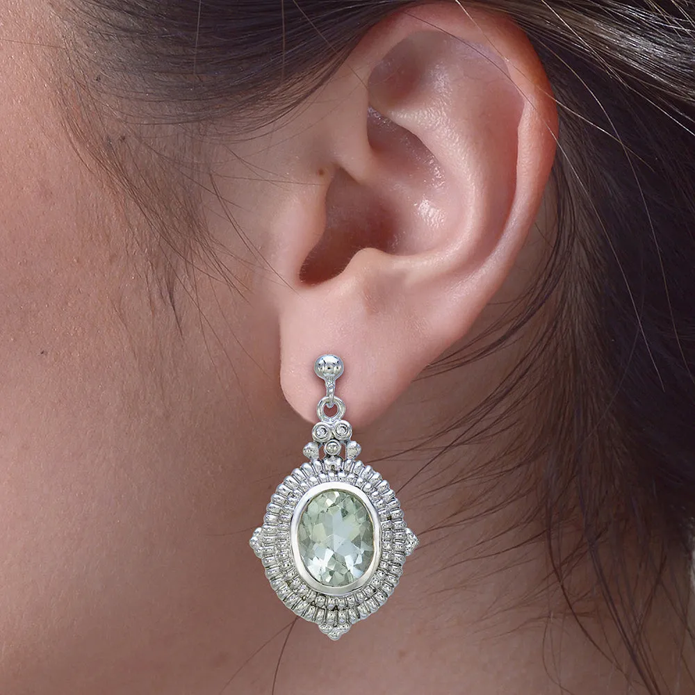 3.30 cttw Green Amethyst Dangle Earrings Brass With Rhodium Plating 10x8 MM Oval