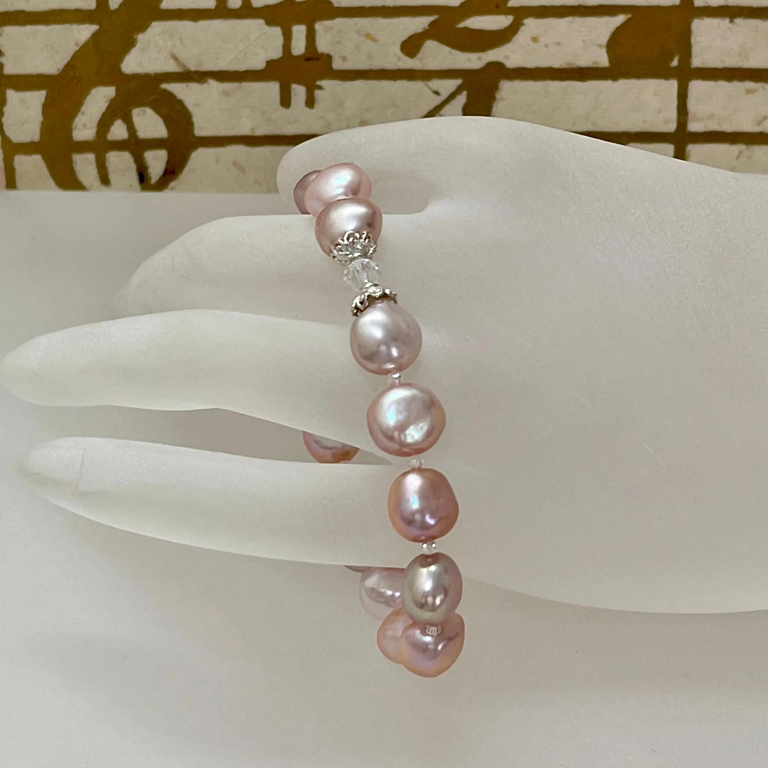 7.25" Natural Color Pink & Purple Cultured Freshwater Nugget Pearl Stretch Bracelet with Swarovski Crystal