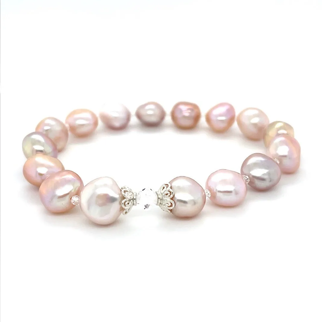 7.25" Natural Color Pink & Purple Cultured Freshwater Nugget Pearl Stretch Bracelet with Swarovski Crystal