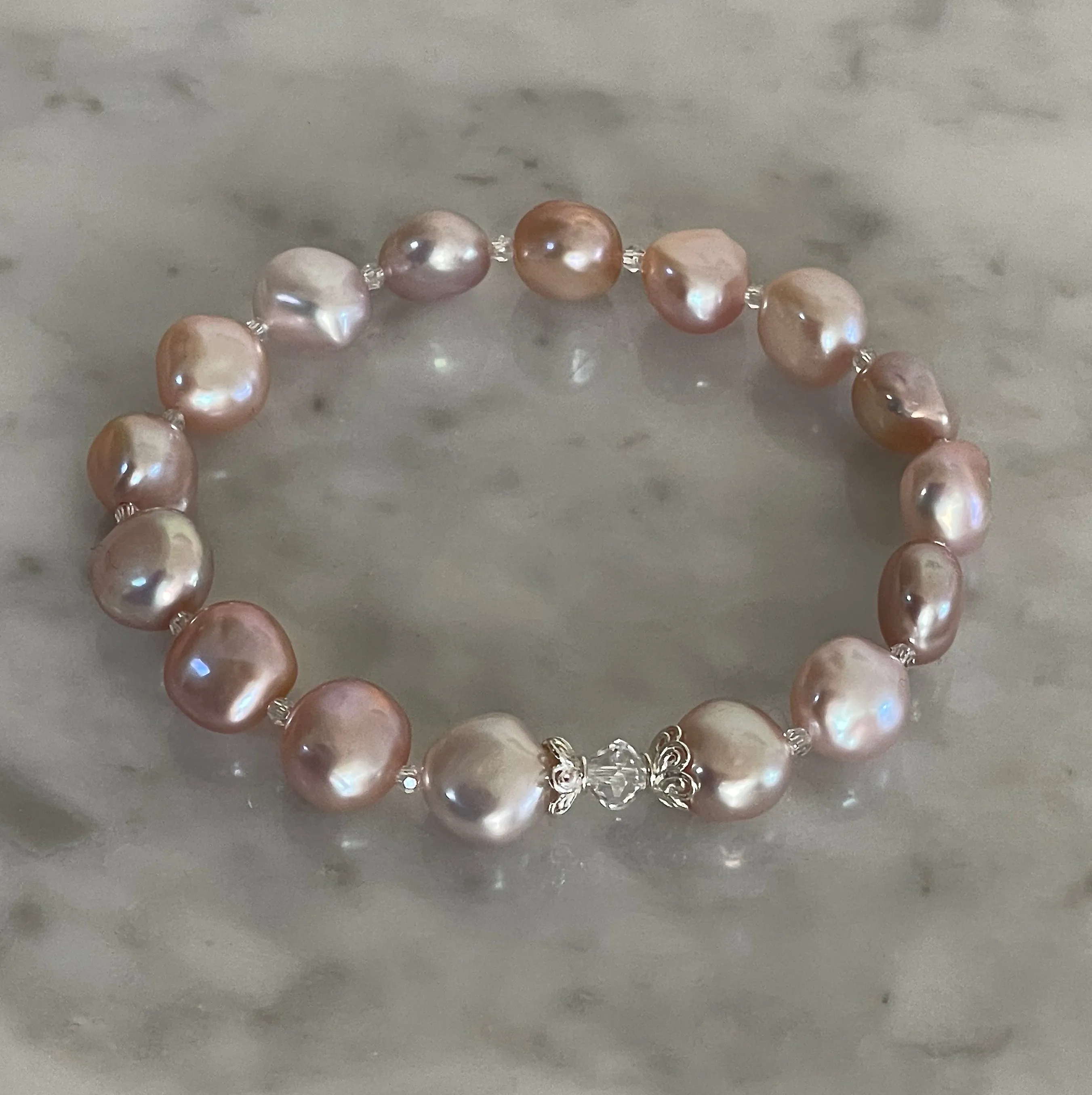 7.25" Natural Color Pink & Purple Cultured Freshwater Nugget Pearl Stretch Bracelet with Swarovski Crystal