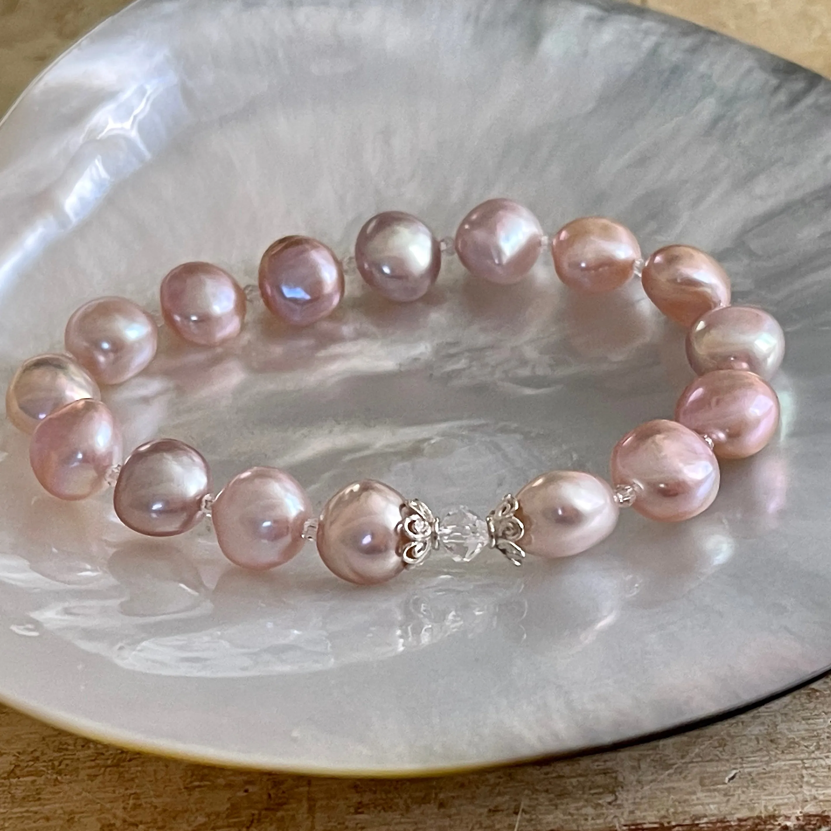7.25" Natural Color Pink & Purple Cultured Freshwater Nugget Pearl Stretch Bracelet with Swarovski Crystal