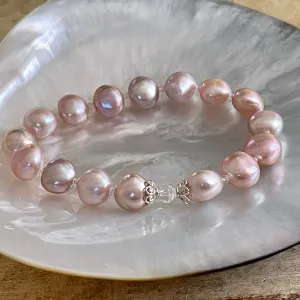 7.25" Natural Color Pink & Purple Cultured Freshwater Nugget Pearl Stretch Bracelet with Swarovski Crystal