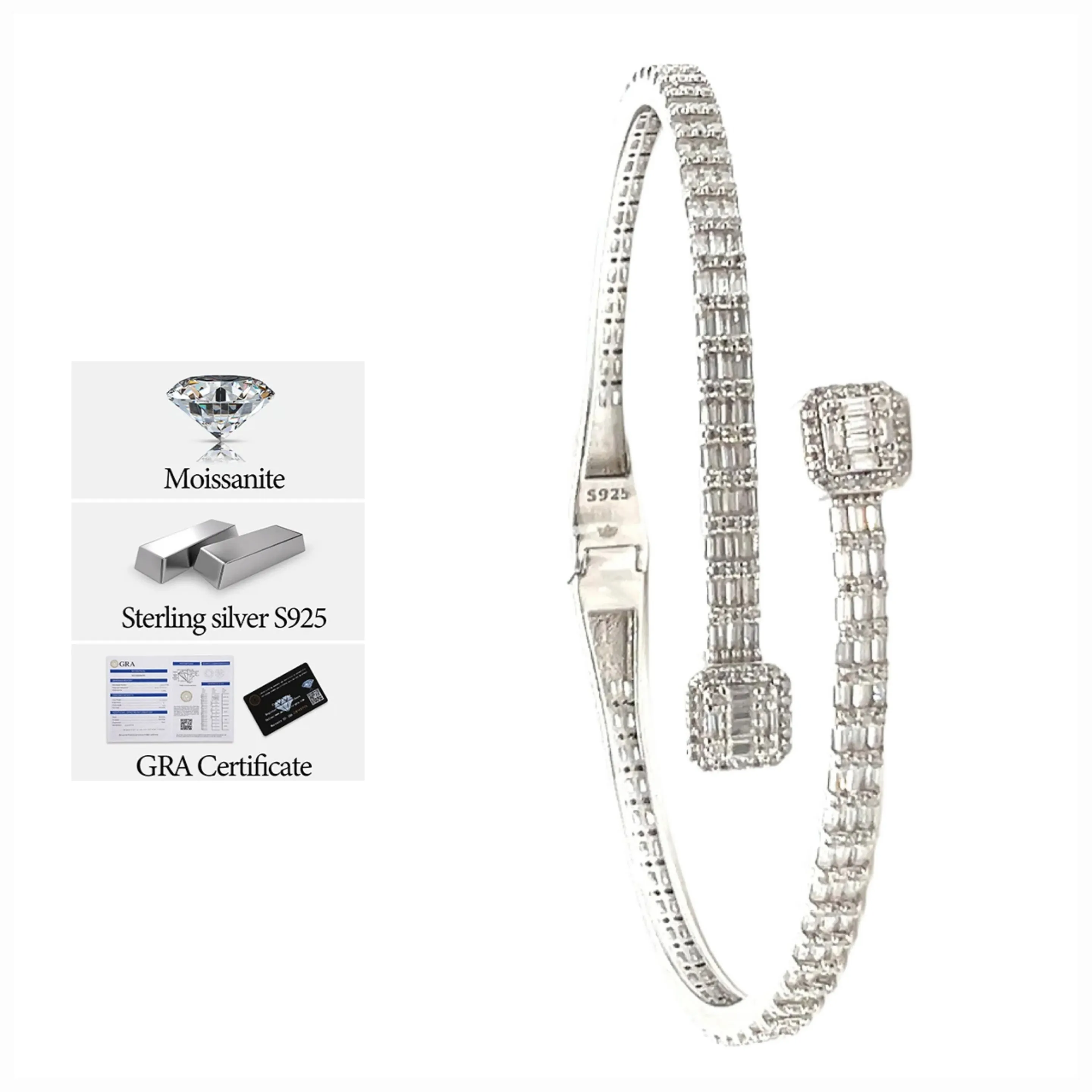 925 Sterling Silver Moissanite Square prominen Bangle Bracelet - M311139