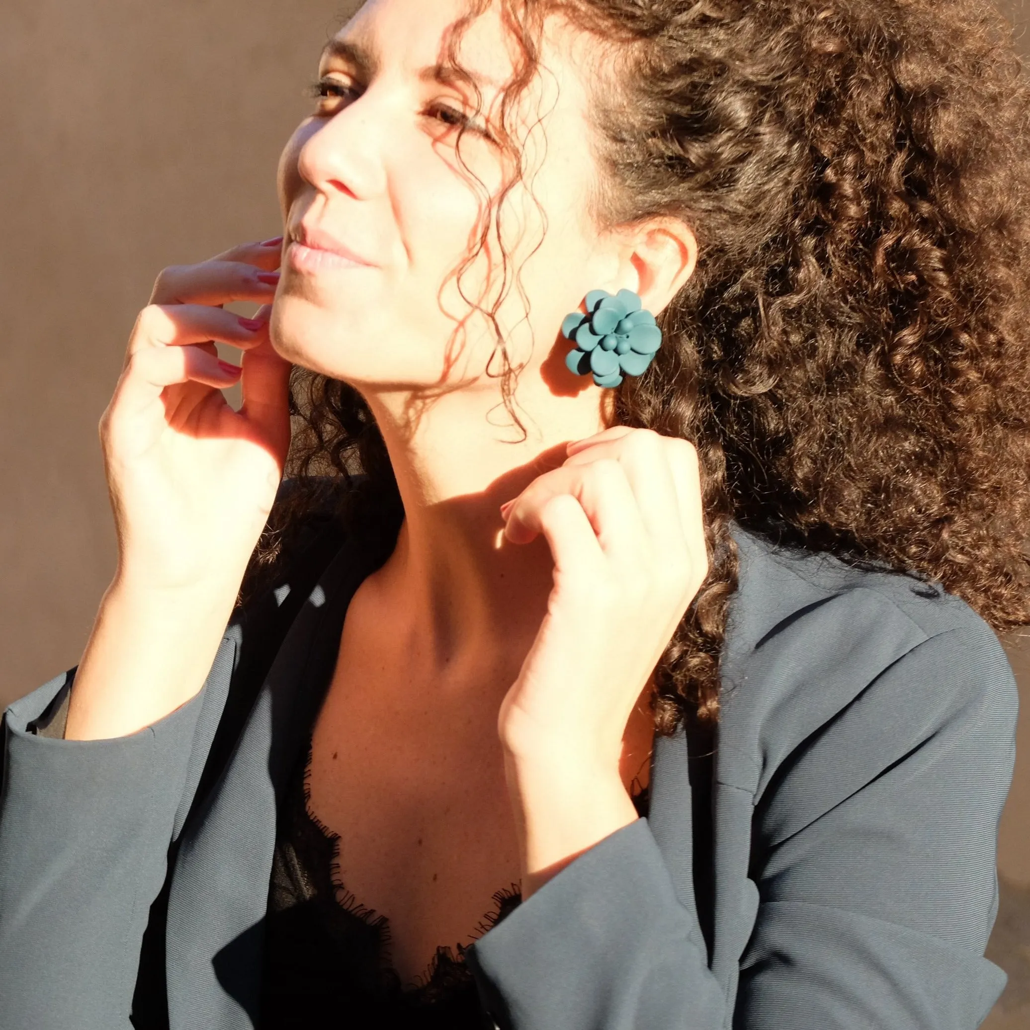 Adriatic Sea Breezy Blue Hibiscus Stud Earrings - Silk Effect