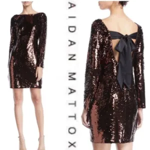 Aidan Aidan Mattox Brown Sequin Shimmer Bow Back Long Sleeve Mini Party Dress 10