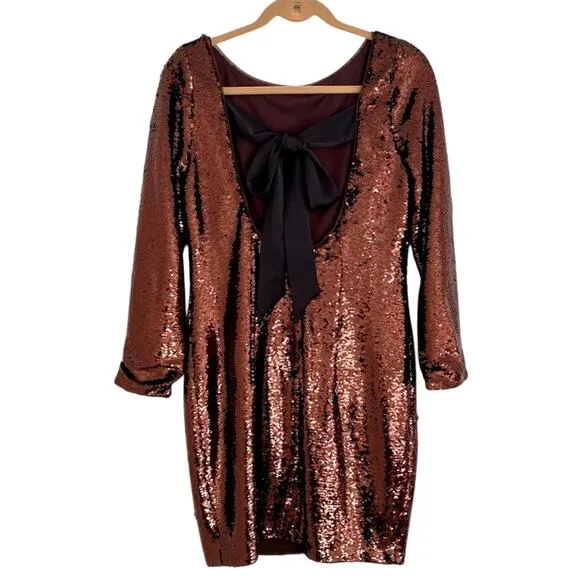 Aidan Aidan Mattox Brown Sequin Shimmer Bow Back Long Sleeve Mini Party Dress 10