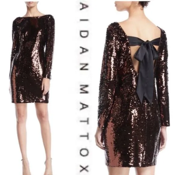 Aidan Aidan Mattox Brown Sequin Shimmer Bow Back Long Sleeve Mini Party Dress 10