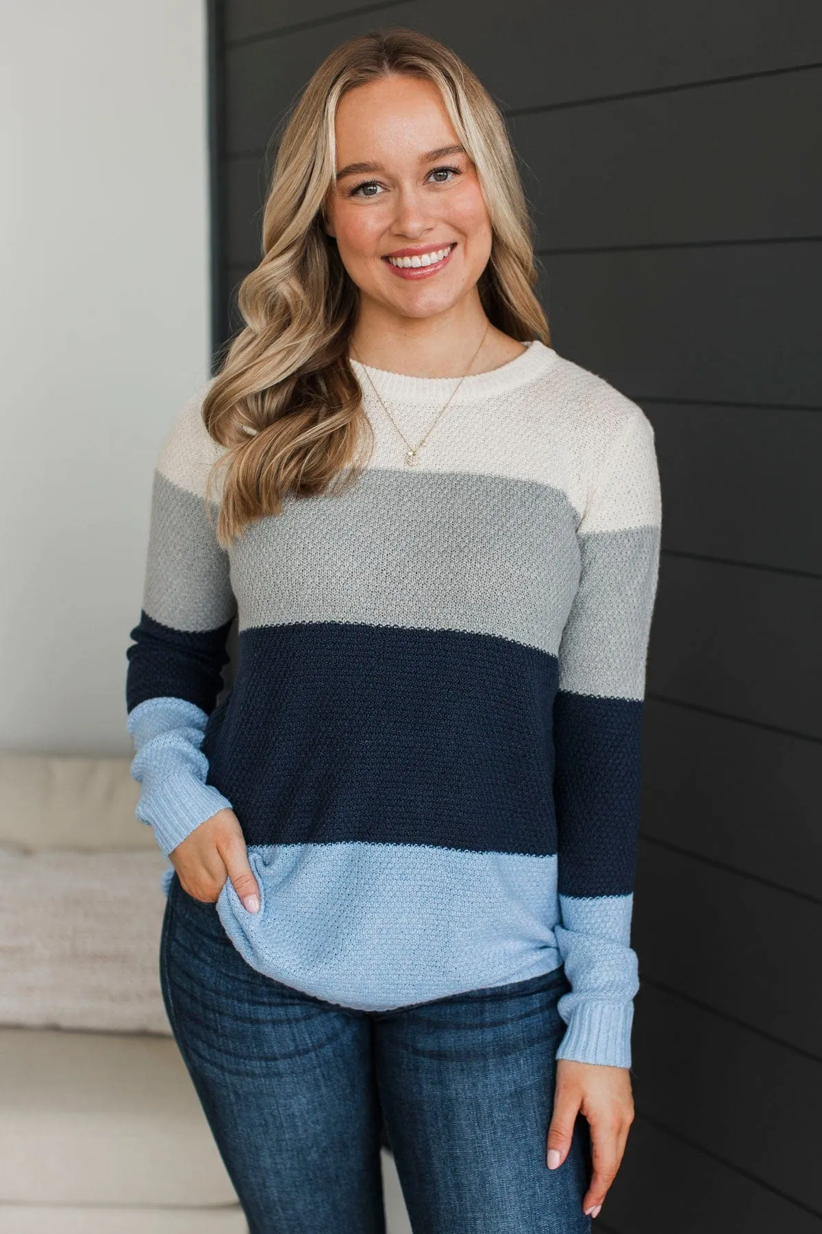 All About Spring Color Block Knit Sweater- Blue & Grey