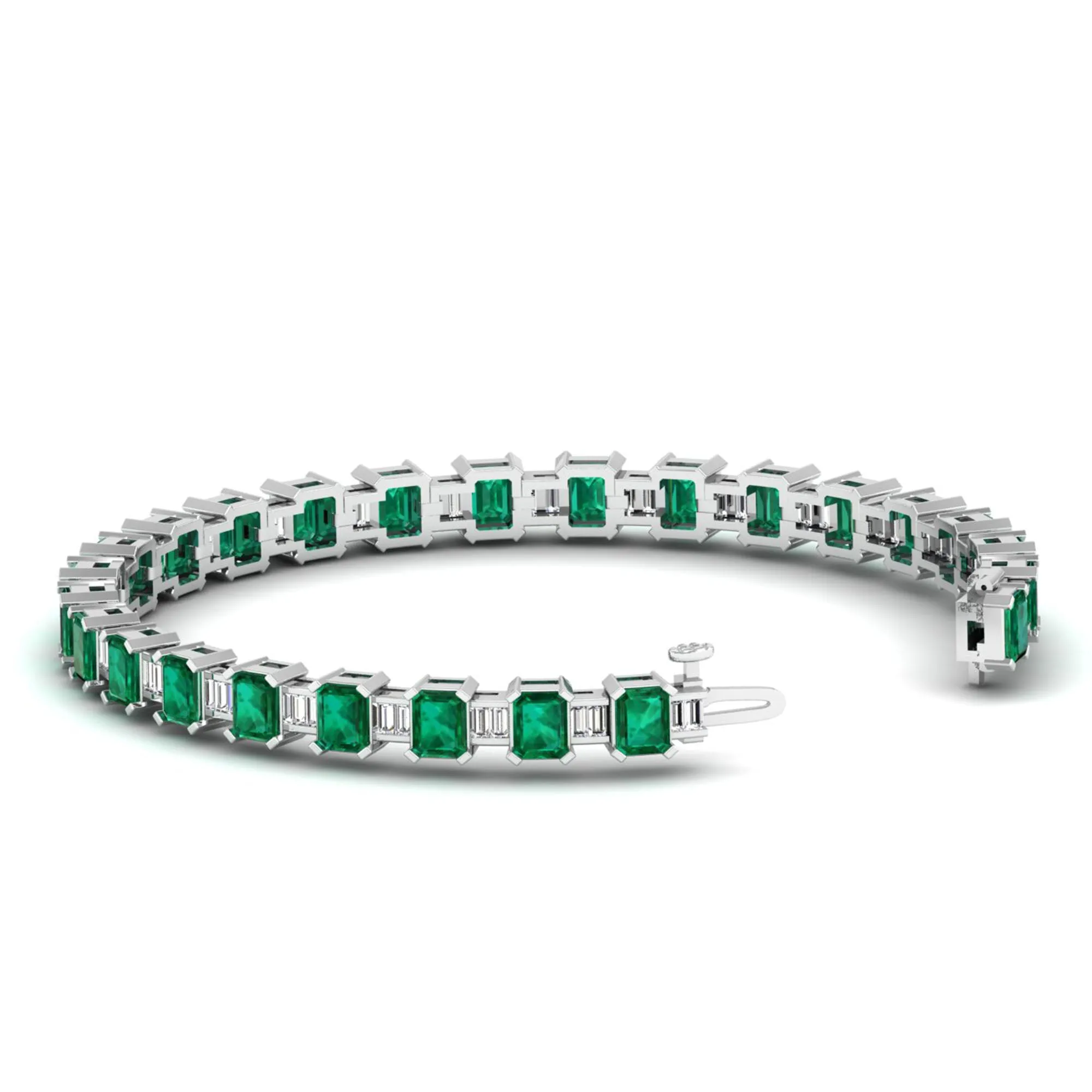 Alternating Emerald Cut Emerald and Baguette Diamond Tennis Bracelet