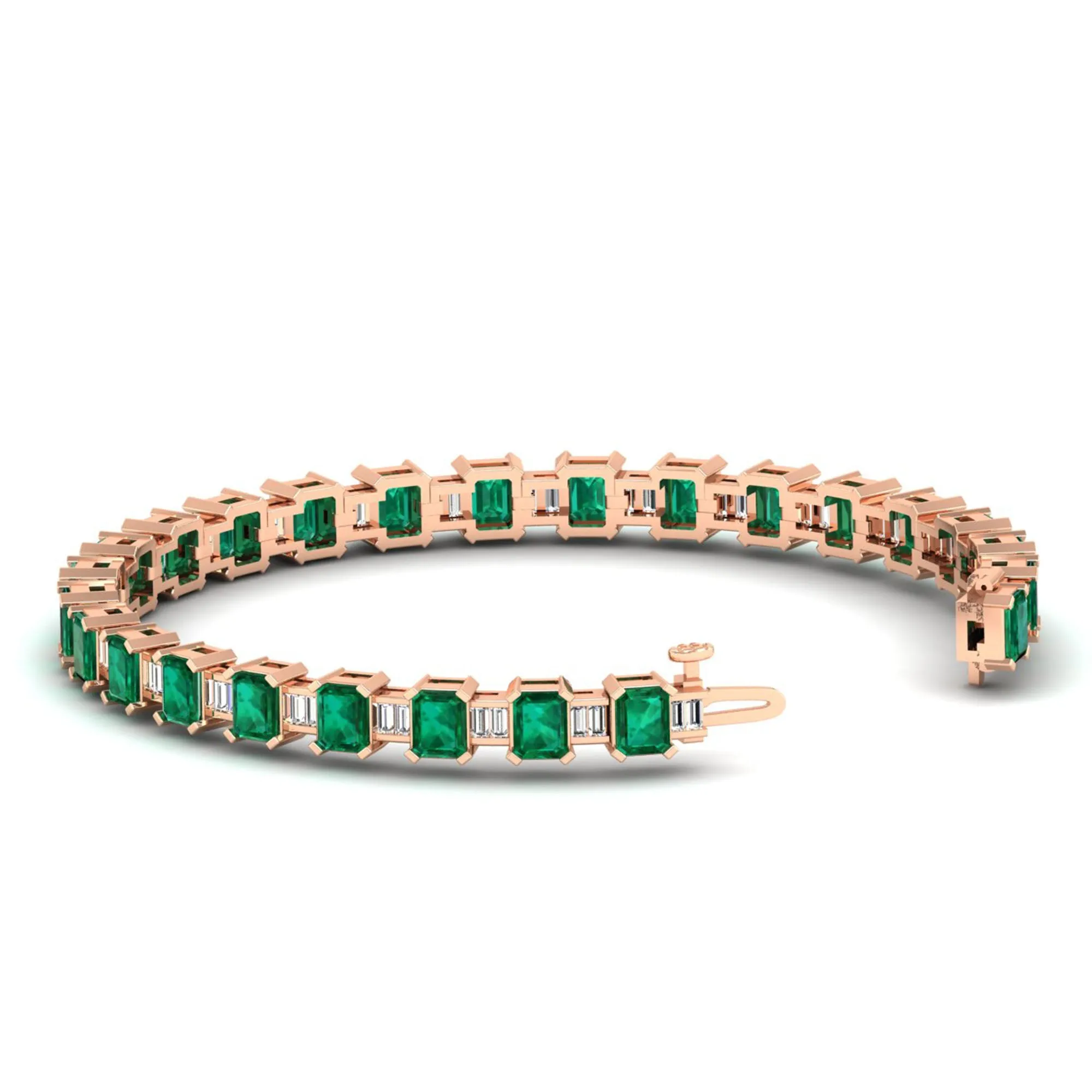 Alternating Emerald Cut Emerald and Baguette Diamond Tennis Bracelet