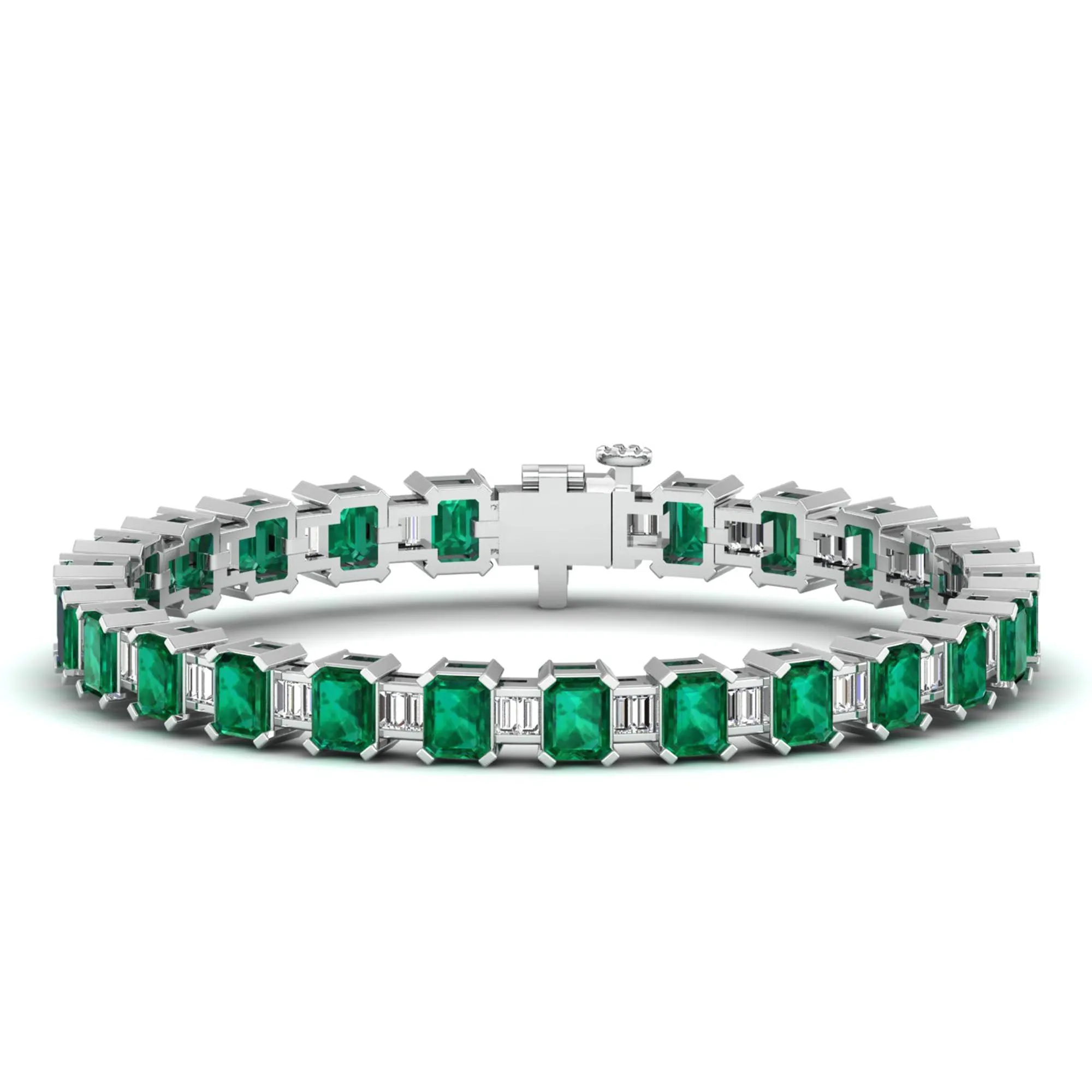 Alternating Emerald Cut Emerald and Baguette Diamond Tennis Bracelet