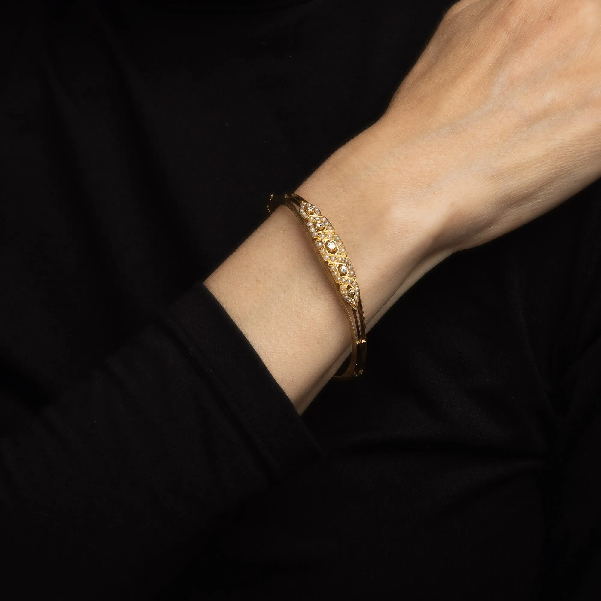 Antique Edwardian Bracelet Pearl Diamond 14k Yellow Gold Bangle Vintage Jewelry