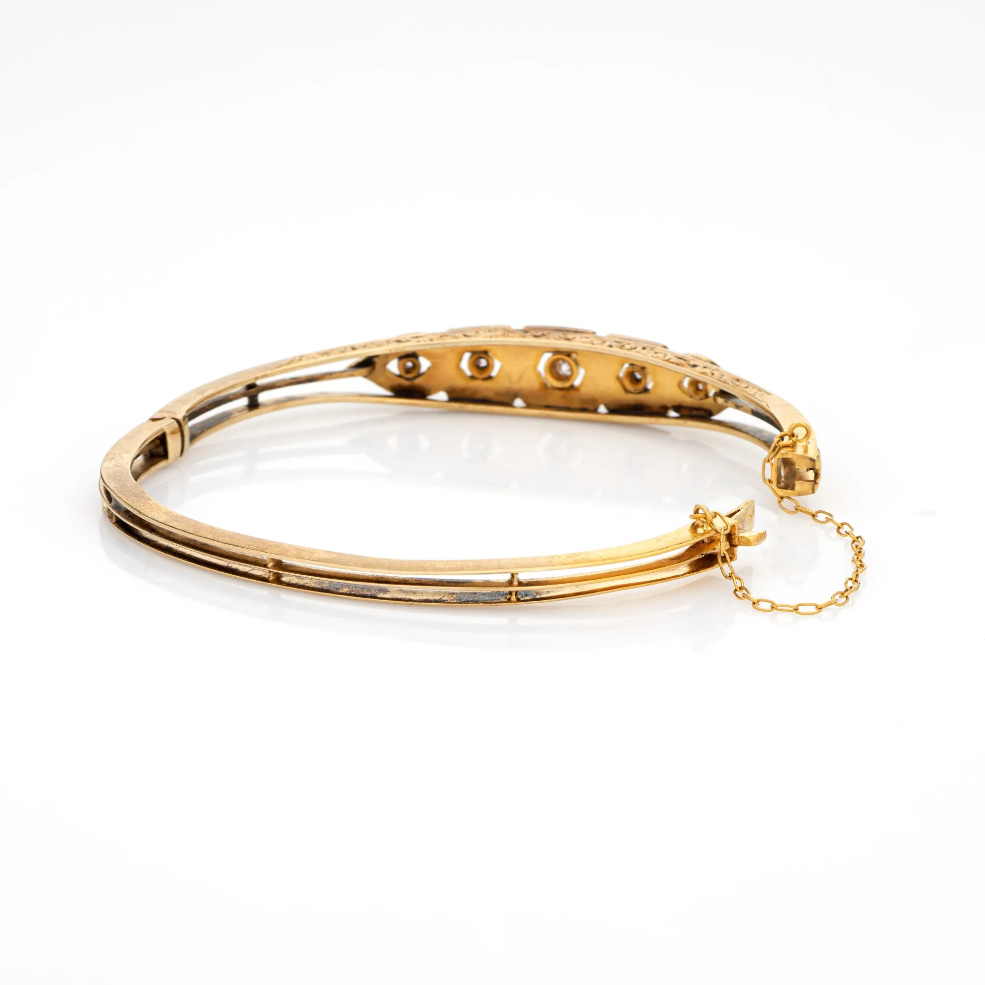 Antique Edwardian Bracelet Pearl Diamond 14k Yellow Gold Bangle Vintage Jewelry