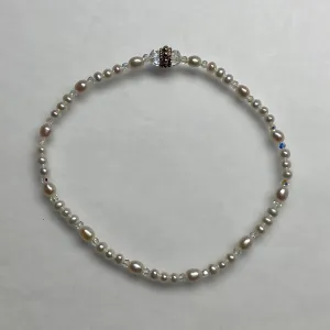 Arpaia 7" stretch bracelet with white baby freshwater cultured pearls and Swarovski crystal beads