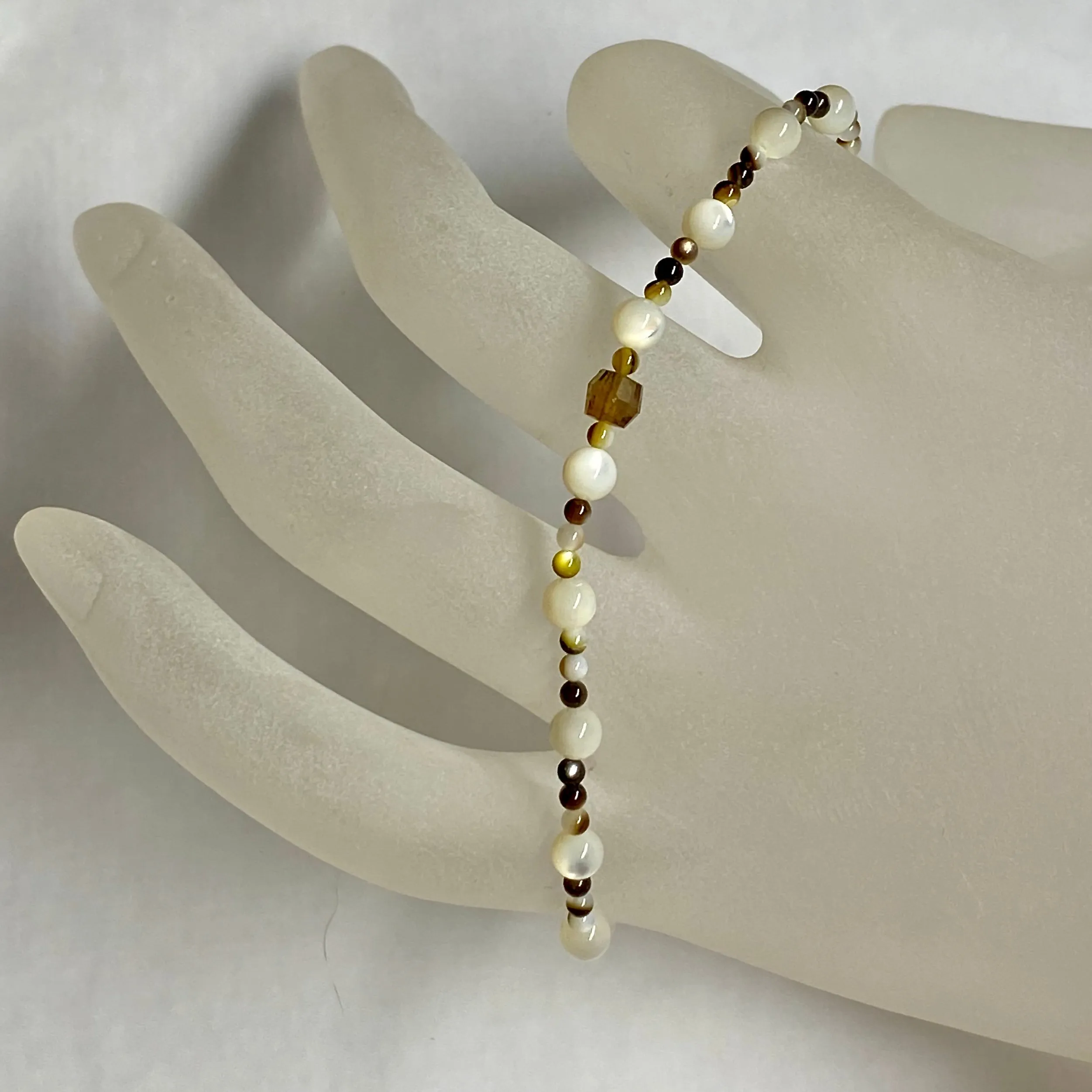 Arpaia "Rockaway Beach" stretch bracelet with natural brown tourmaline & multi-color mother of pearl gemstone beads