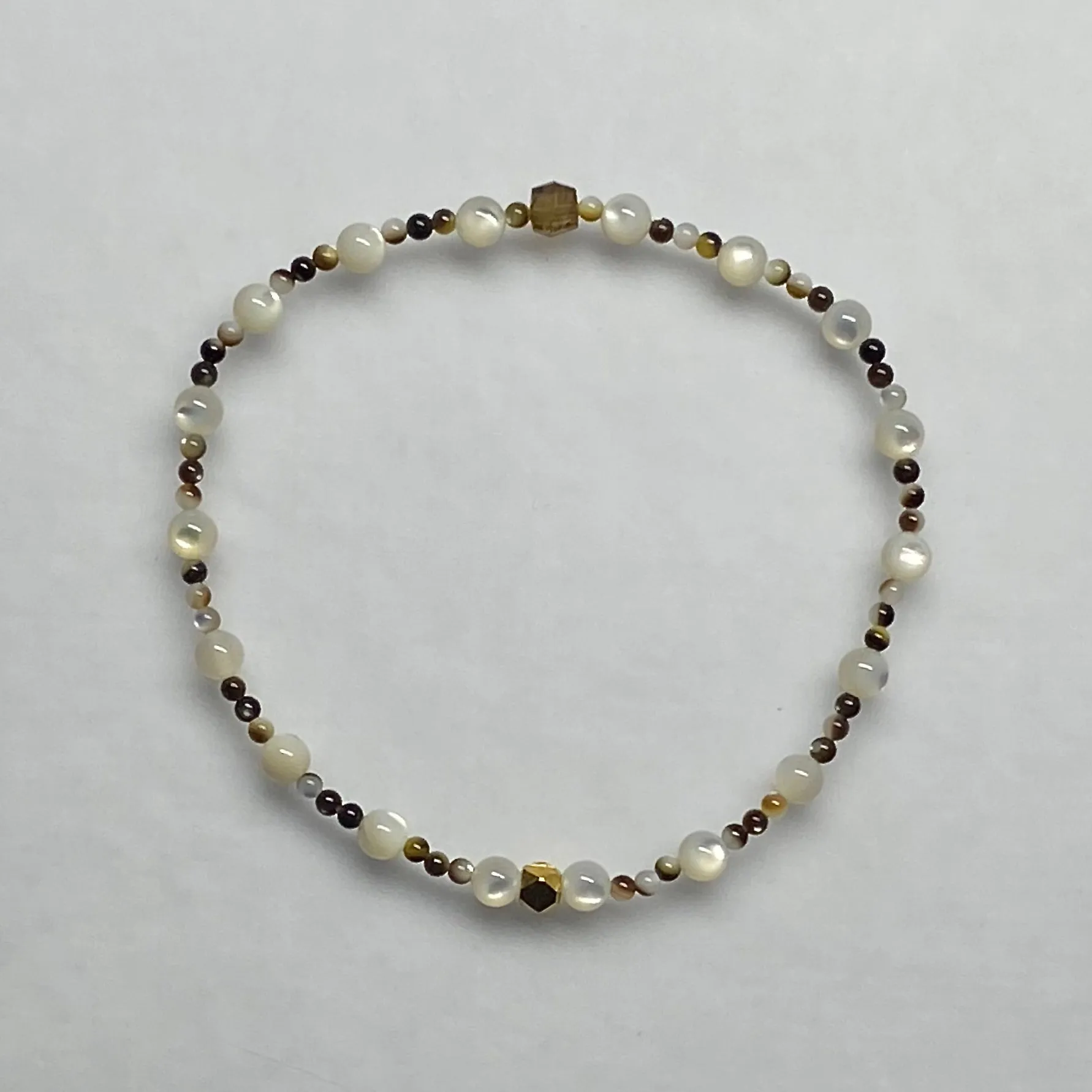 Arpaia "Rockaway Beach" stretch bracelet with natural brown tourmaline & multi-color mother of pearl gemstone beads