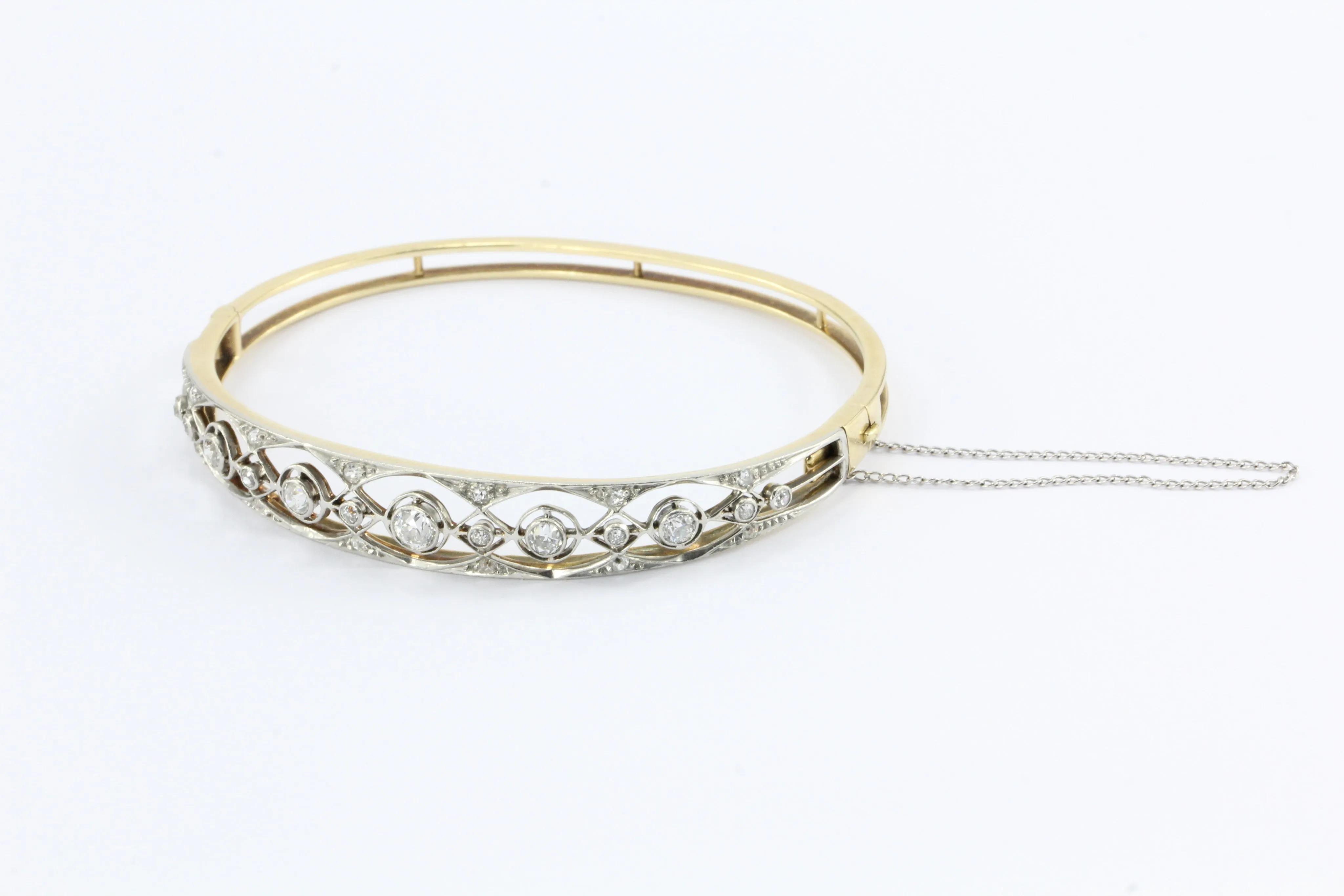 Art Nouveau 14K Yellow Gold Old European Cut Diamond Bangle Bracelet c.1905
