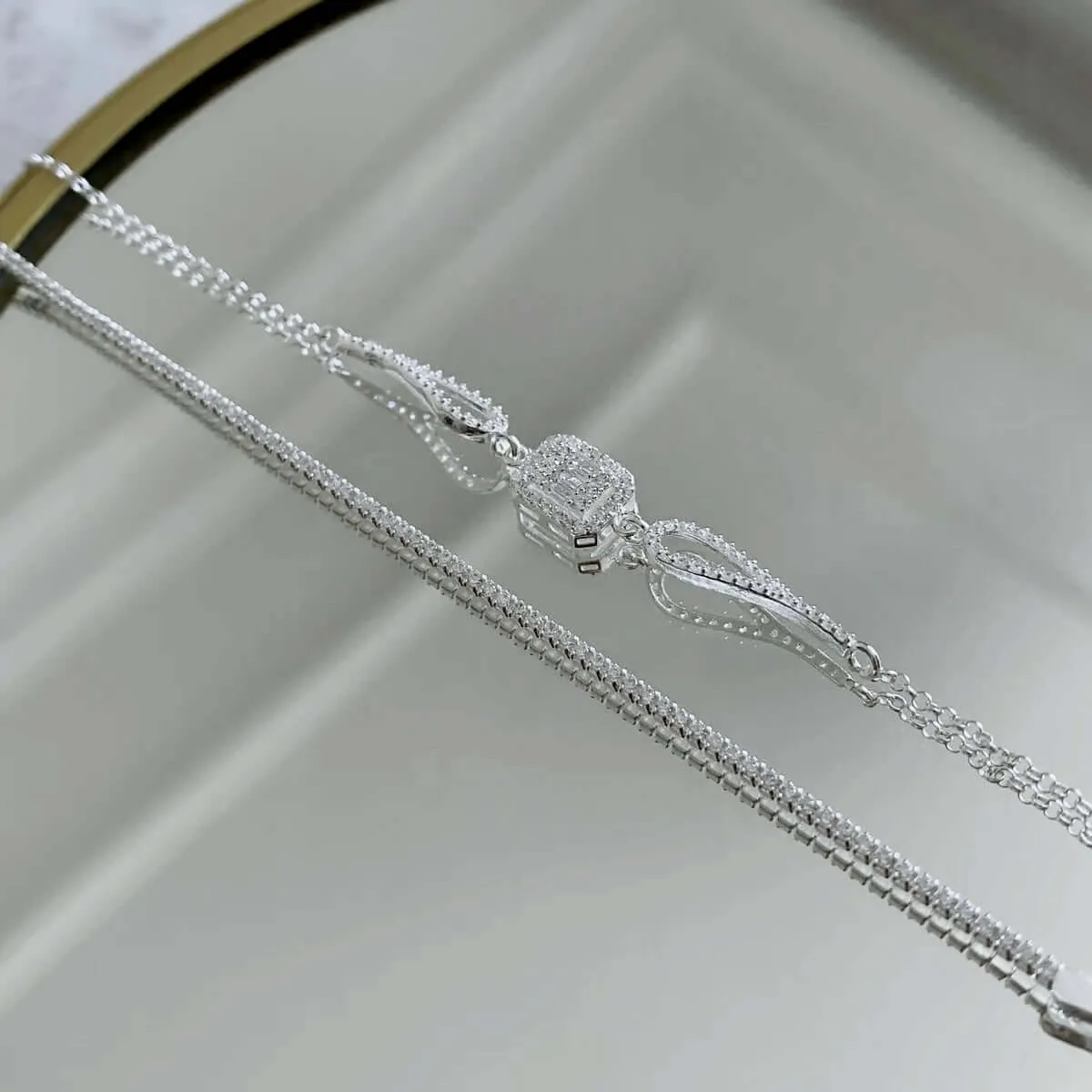 Baguette Stone and Waterway 925 Silver Bracelet Set