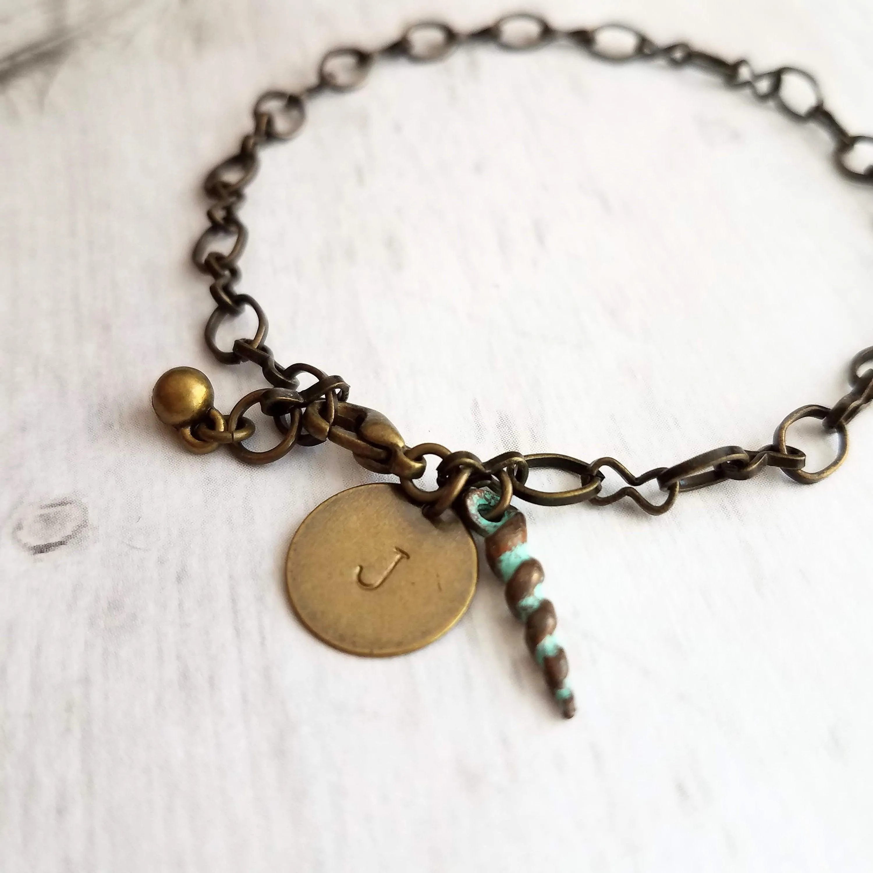 Beach Bracelet, antique brass bracelet, bronze bracelet, seashell bracelet, initial bracelet, shell charm bracelet, letter bracelet, spiral