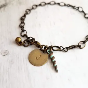 Beach Bracelet, antique brass bracelet, bronze bracelet, seashell bracelet, initial bracelet, shell charm bracelet, letter bracelet, spiral