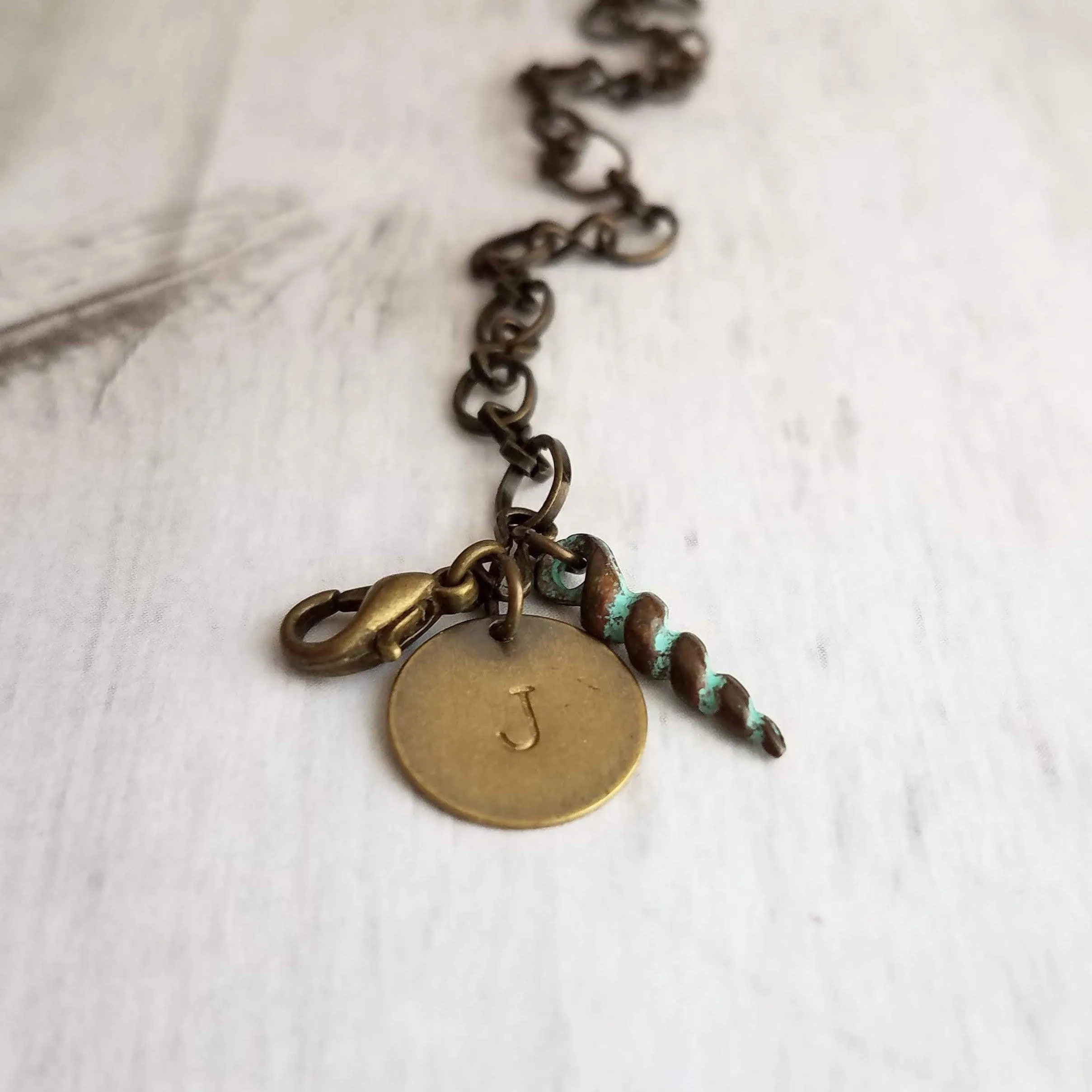 Beach Bracelet, antique brass bracelet, bronze bracelet, seashell bracelet, initial bracelet, shell charm bracelet, letter bracelet, spiral