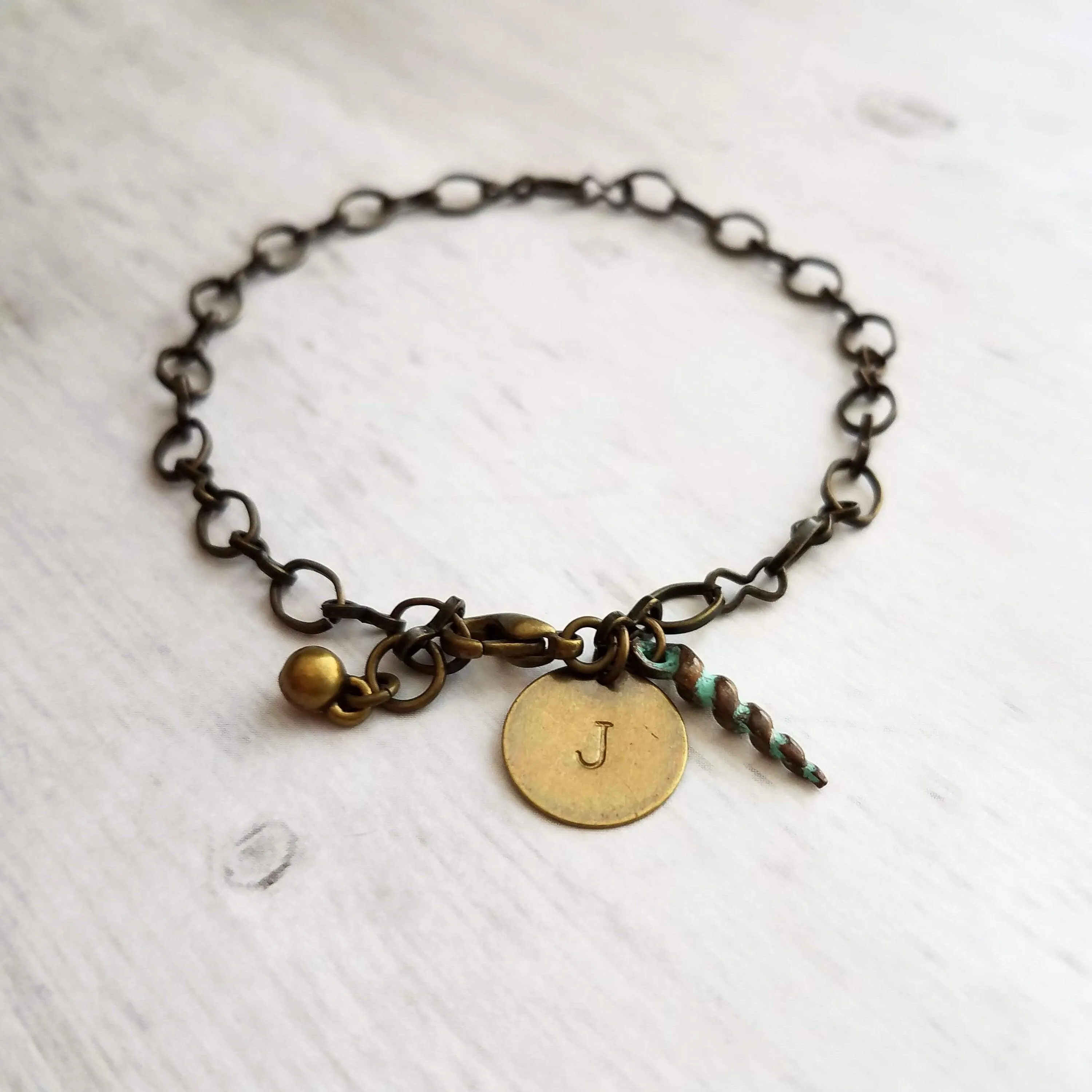 Beach Bracelet, antique brass bracelet, bronze bracelet, seashell bracelet, initial bracelet, shell charm bracelet, letter bracelet, spiral