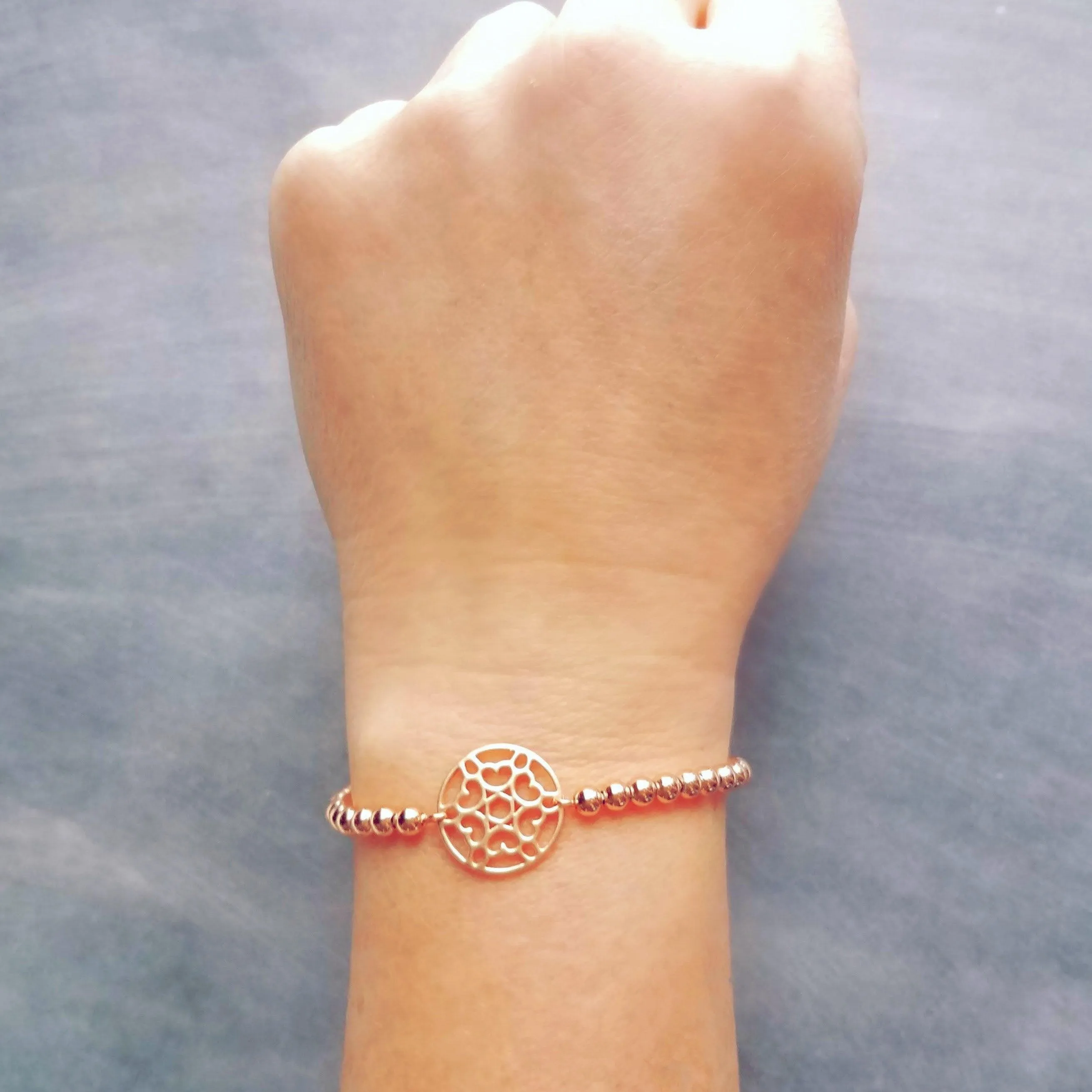 Beaded Rose Gold Bracelet, heart medallion, bead bracelet, adjustable chain bracelet, rose gold mandala, mandala bracelet, rose gold heart