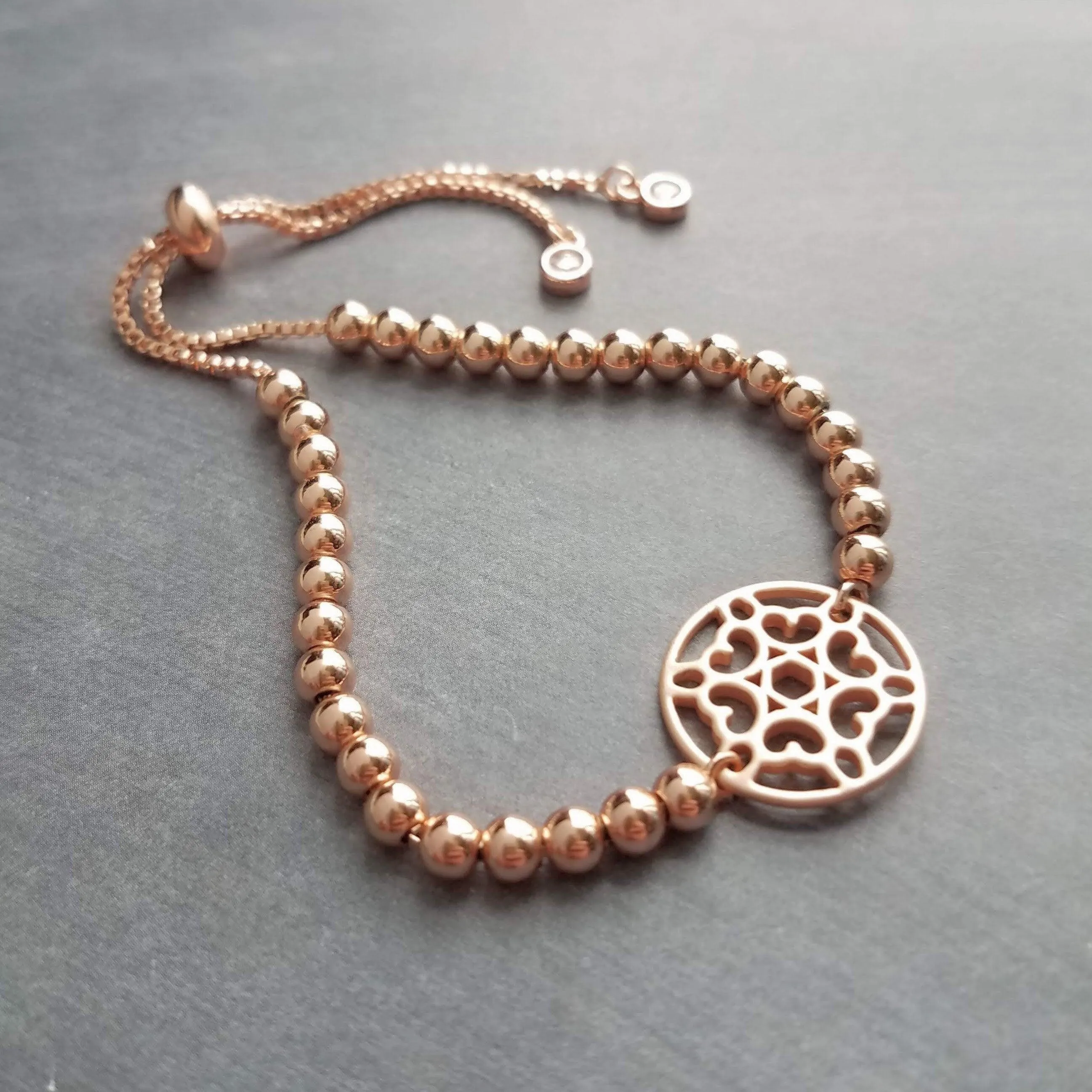 Beaded Rose Gold Bracelet, heart medallion, bead bracelet, adjustable chain bracelet, rose gold mandala, mandala bracelet, rose gold heart