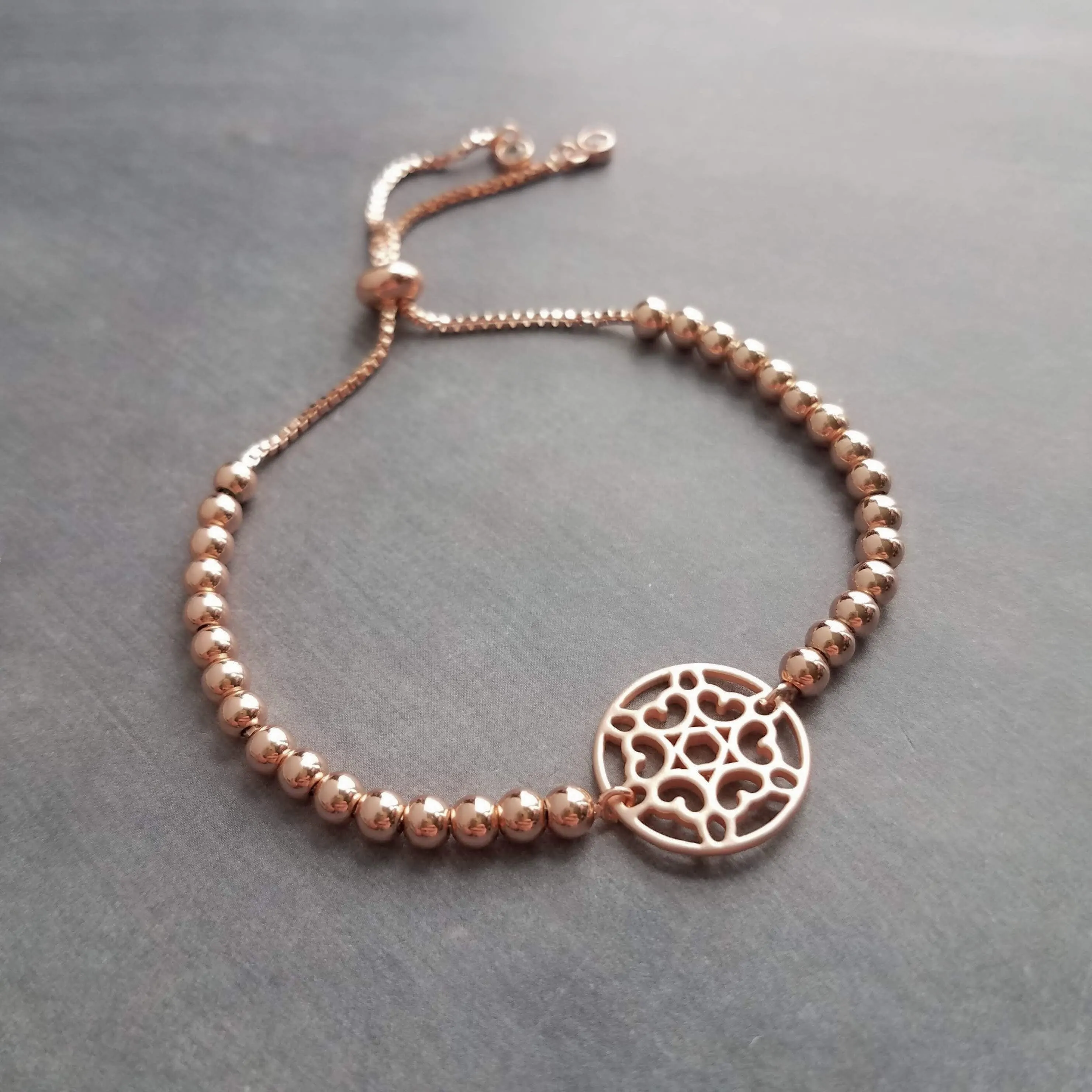 Beaded Rose Gold Bracelet, heart medallion, bead bracelet, adjustable chain bracelet, rose gold mandala, mandala bracelet, rose gold heart